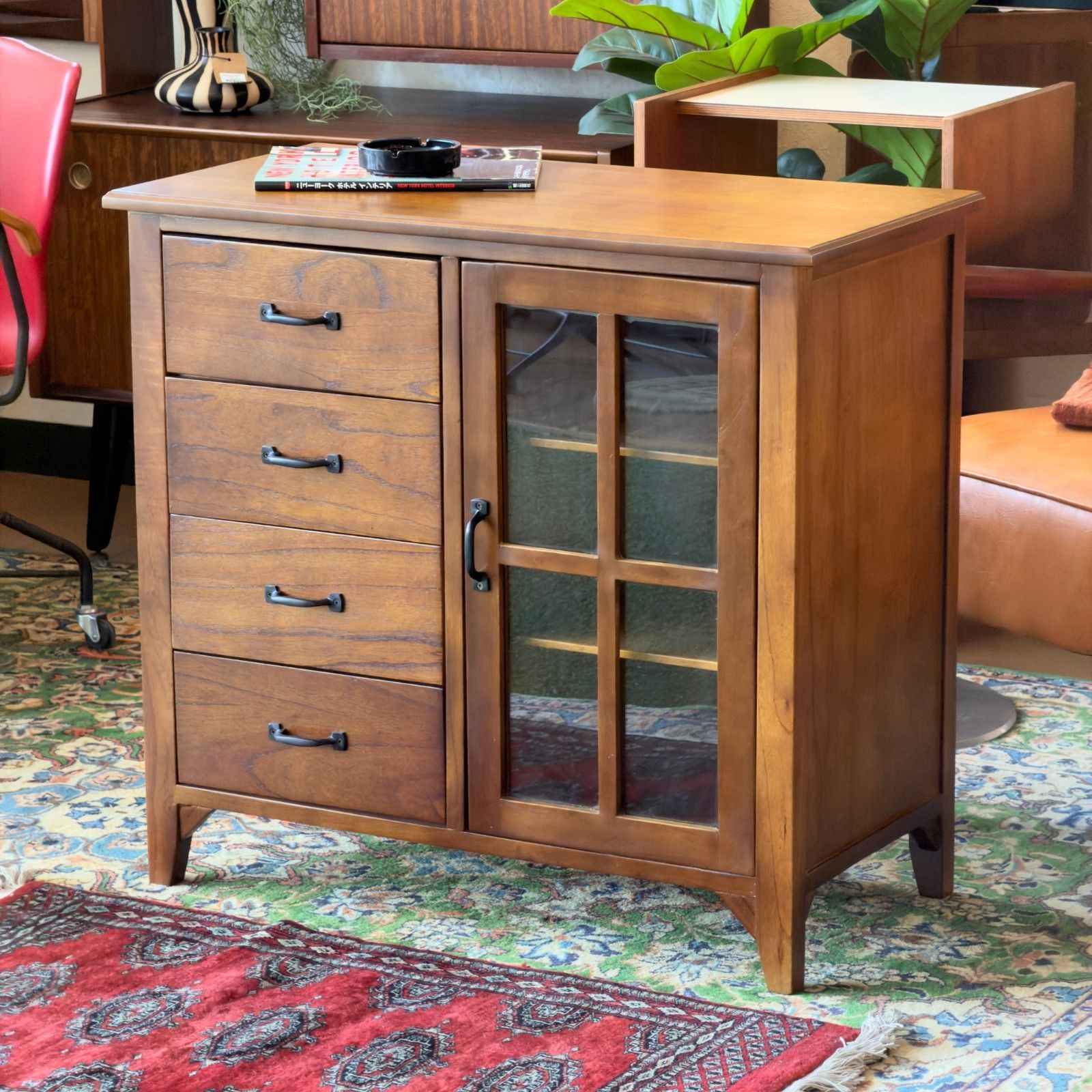 新品】Vintage Style Cabinet / キャビネット 4引出し ガラス扉 サイド