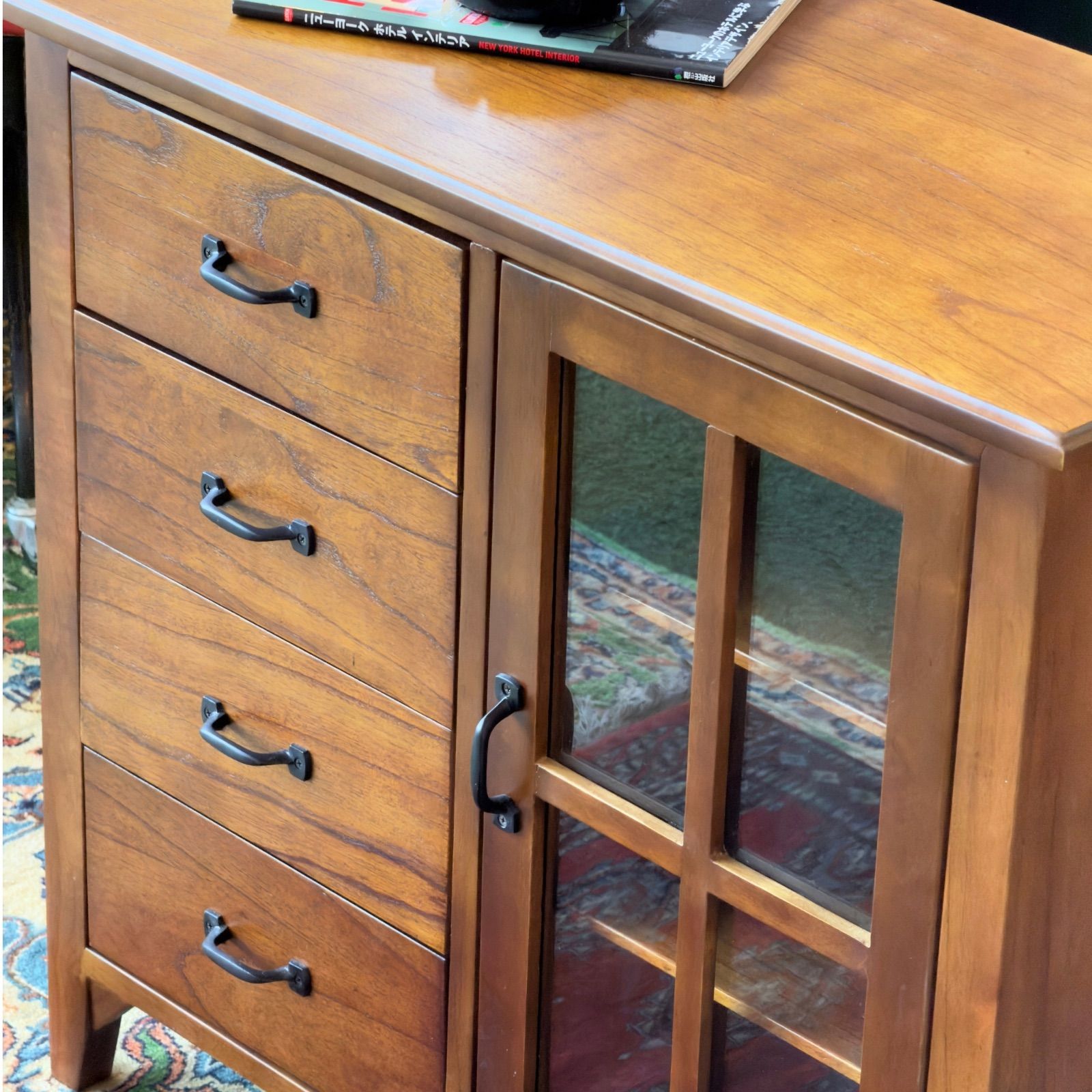 新品】Vintage Style Cabinet / キャビネット 4引出し ガラス扉 天然木