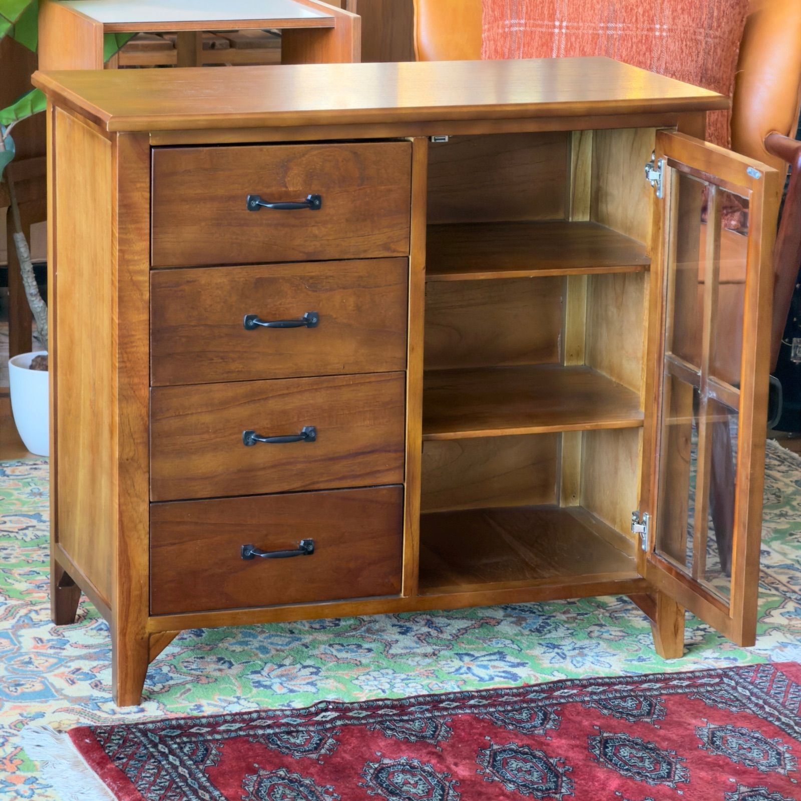 新品】Vintage Style Cabinet / キャビネット 4引出し ガラス扉 天然木