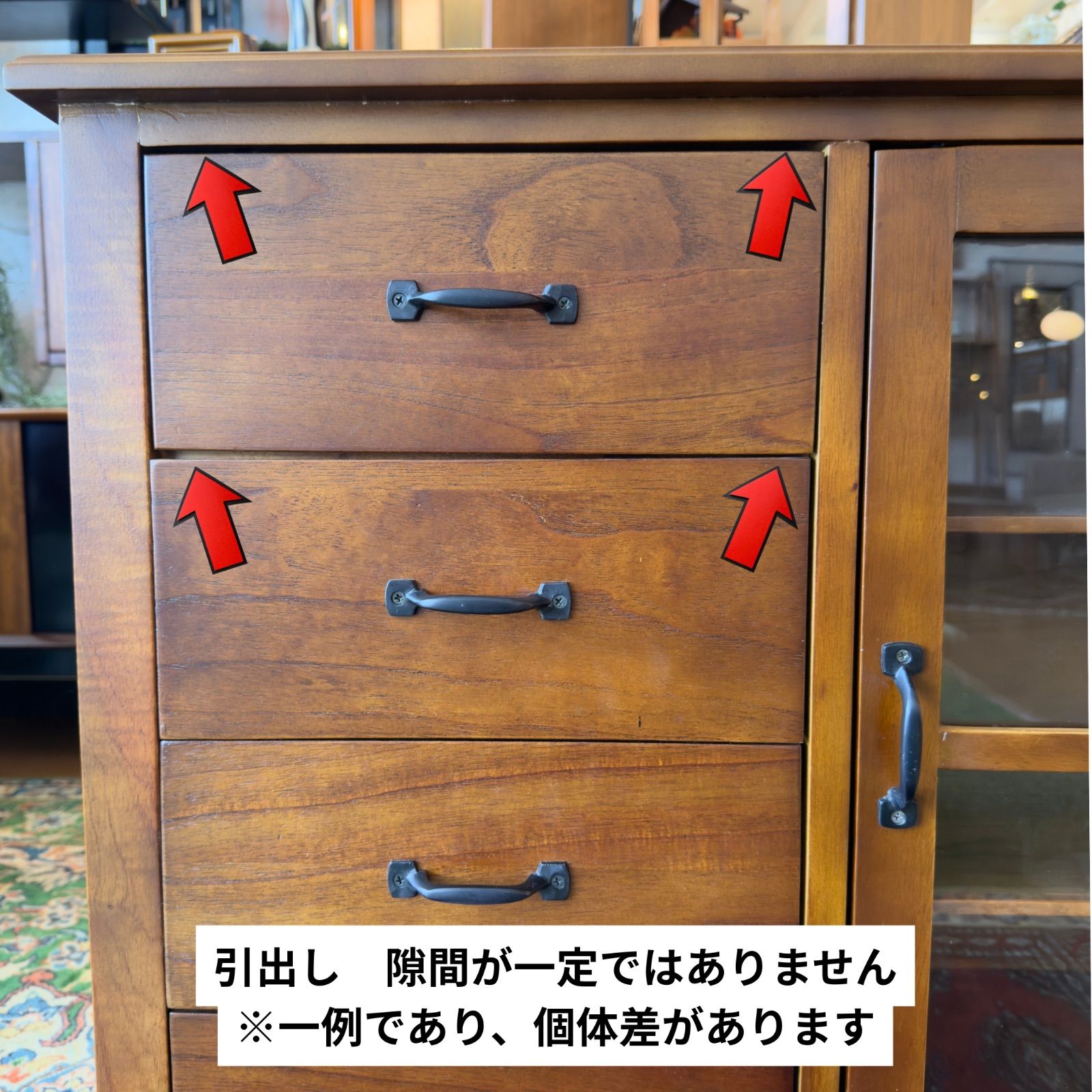 新品】Vintage Style Cabinet / キャビネット 4引出し ガラス扉 天然木