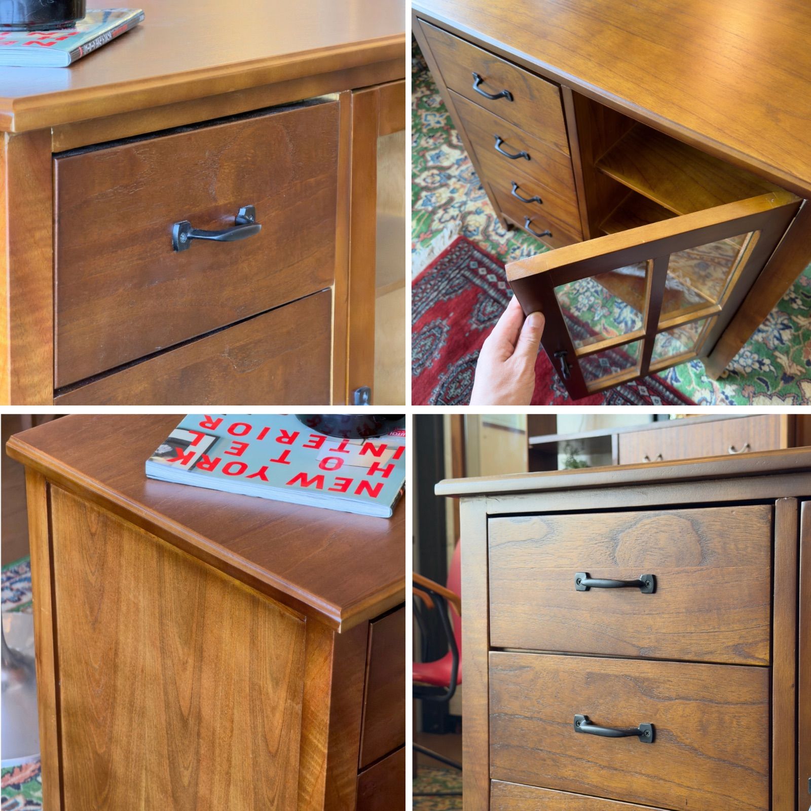 新品】Vintage Style Cabinet / キャビネット 4引出し ガラス扉 天然木