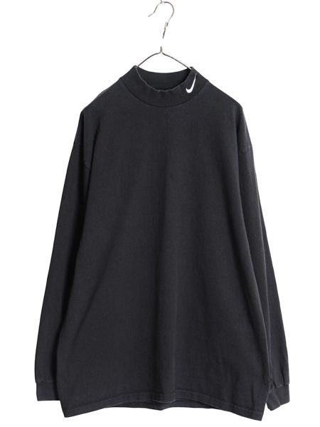 90s USA製 ナイキ モックネック 長袖 Tシャツ メンズ L / オールド ワンポイント スウッシュ ハイネック ロンT ヘビーウェイト コットン 黒