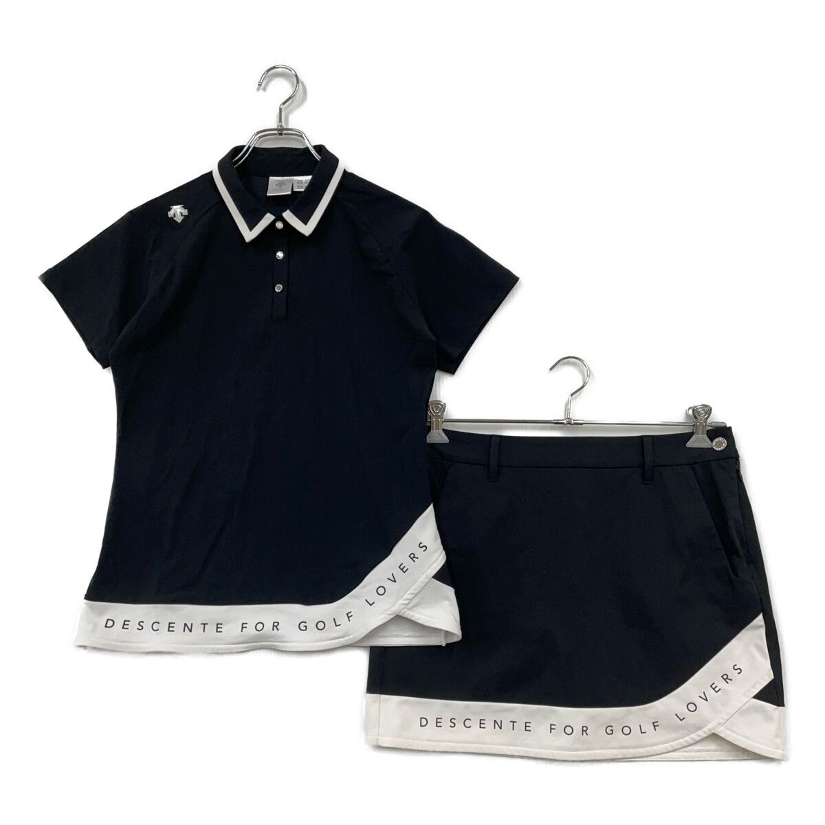 中古 レディース デサントゴルフ DESCENTE GOLF セットアップ L スカート/O ブラック×ホワイト 黒系 訳あり上下サイズ違い 半袖ポロシャツ×スカート インナーパンツ一体型 ストレッチ 吸汗速乾 UVケア