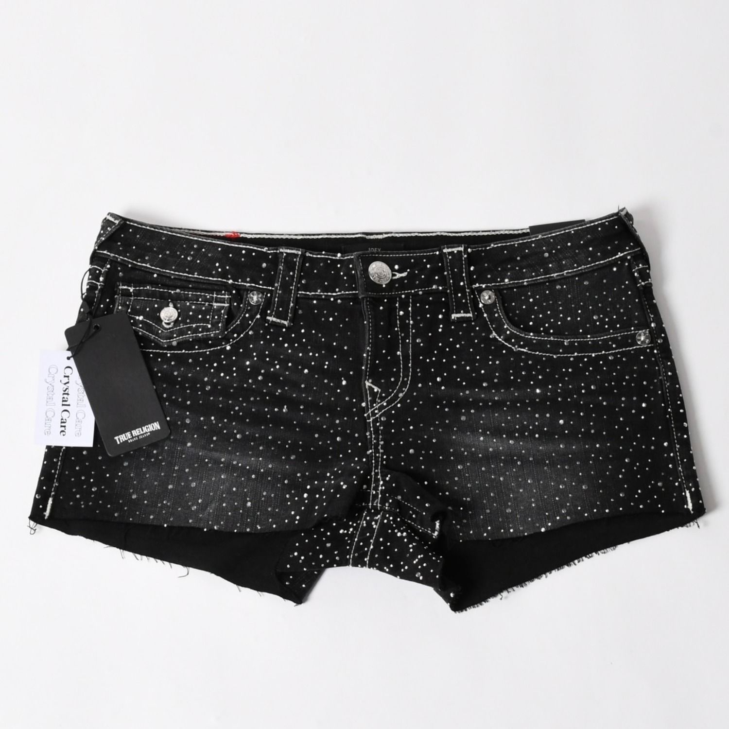 新品未使用 TRUE RELIGION トゥルーレリジョン JOEY Low Rise Cut-Off Short ショーツ コットン ラインストーン ブラック サイズ29 中古 4a005498