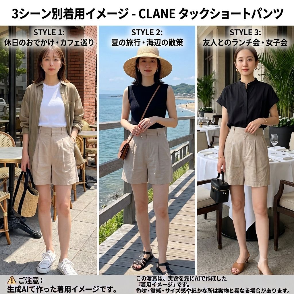 CLANE 新品未使用　タックショートパンツ ✨美脚見え✨ CLANE クラネ リネン混 タック サマーショートパンツ