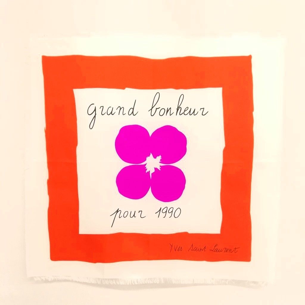 イヴサンローラン YVES SAINT LAURENT 1990s ヴィンテージ フローラルプリント スカーフ 美品 アイボリー系