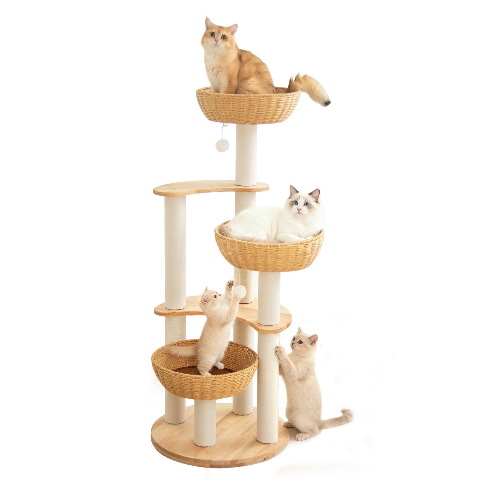 PETTIFUL キャットタワー 木製 【天然木使用】 据え置き 大型猫 おしゃれ 丸型土台 高さ133cm ラバーウッド 大型 手編みカゴ インテリア性 多頭飼い スリム 夏冬兼用 省スペース 面取り ラタン風 耐久性 見晴台付き 猫タワー 宇宙船 クリ 0