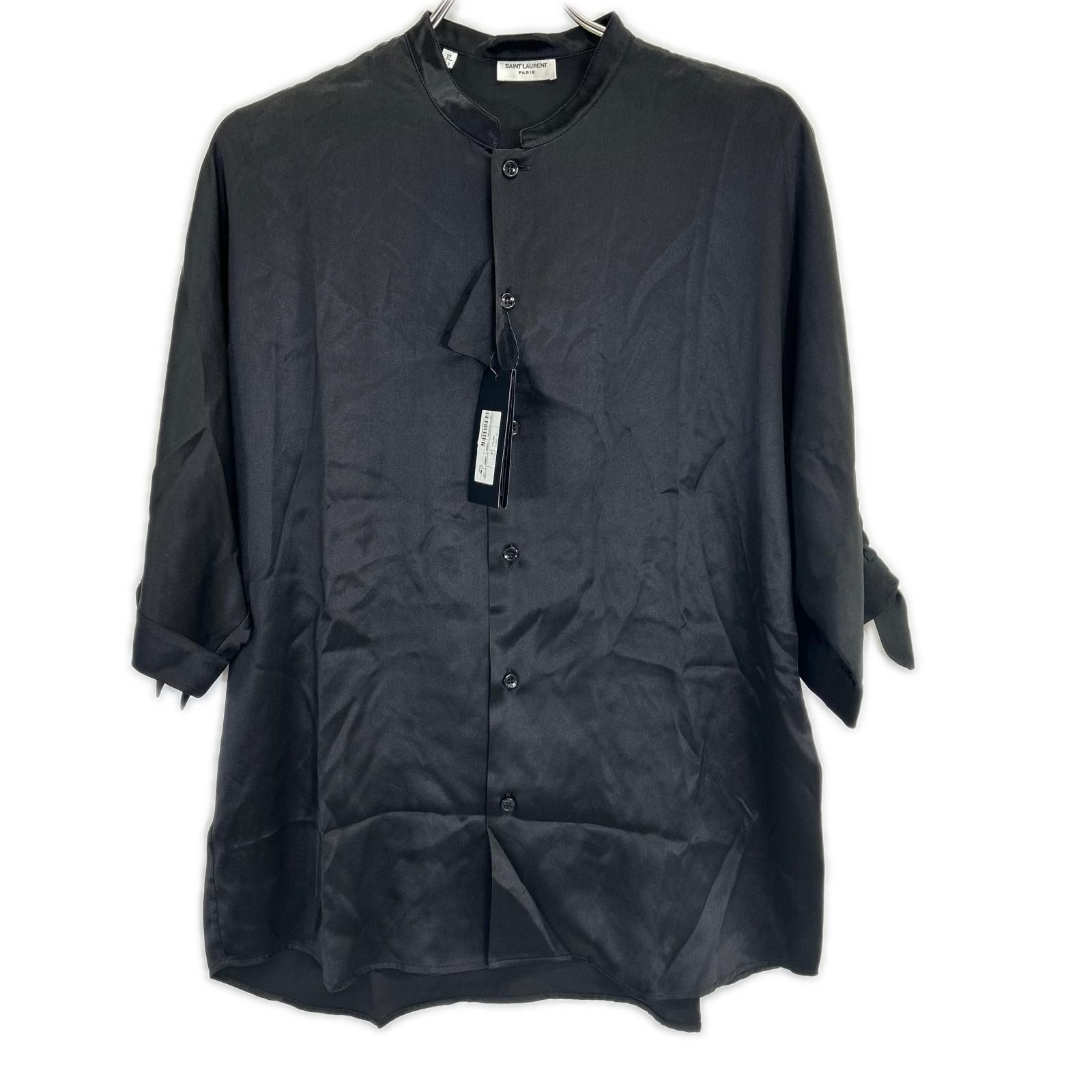 SAINT LAURENT PARIS サンローランパリ 22年 ブラック 723186 クレープサテンチュニック半袖シャツ 37 SAINT LAURENT PARIS サンローランパリ 22年 ブラック 723186 クレープ