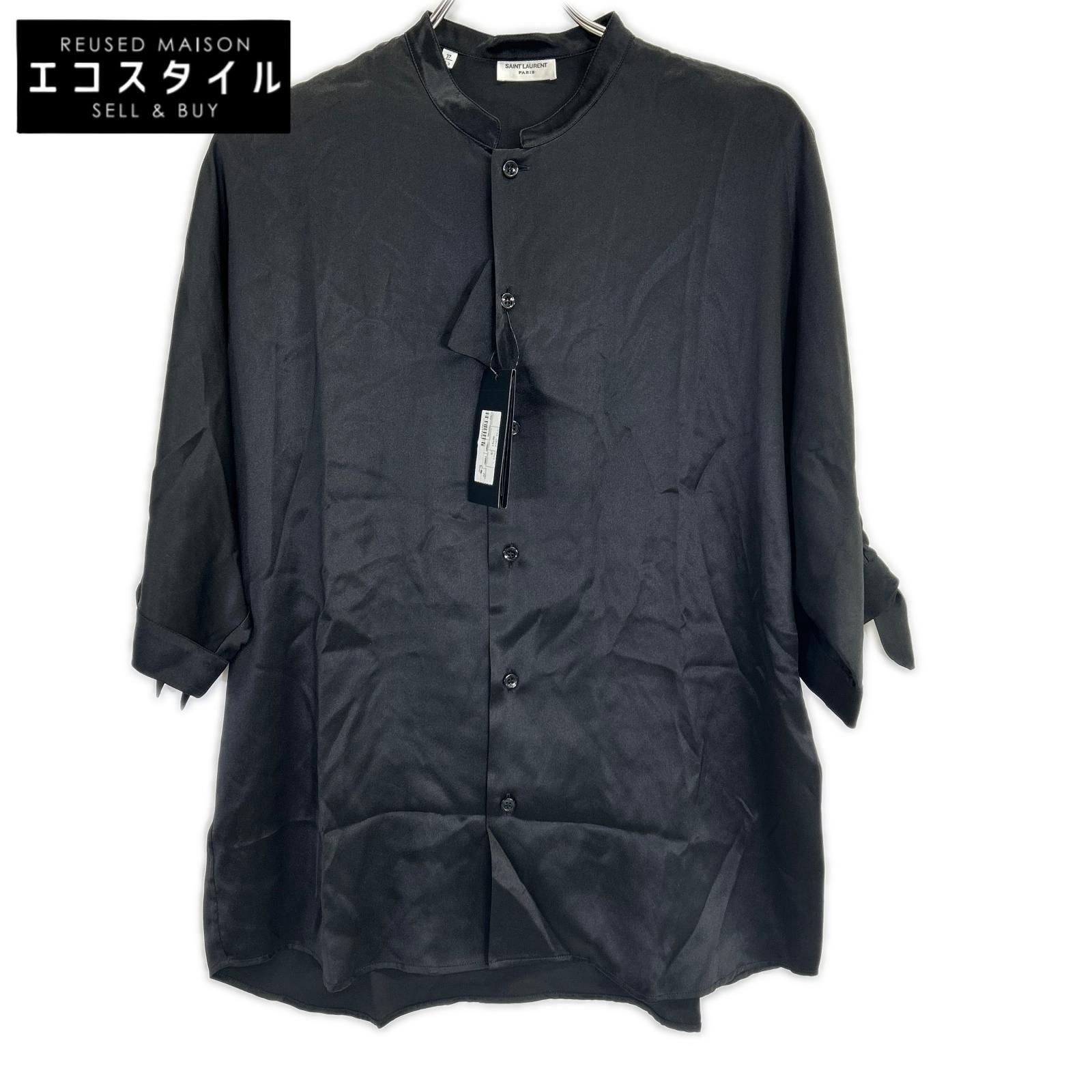 SAINT LAURENT PARIS　サンローランパリ　22年 ブラック 723186 クレープサテンチュニック半袖シャツ　37