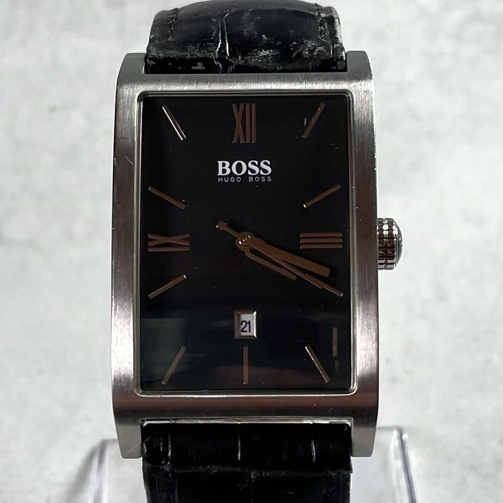 【電池新品/稼働品】HUGO BOSS ヒューゴボス レクタンギュラー 腕時計 黒文字盤 デイト