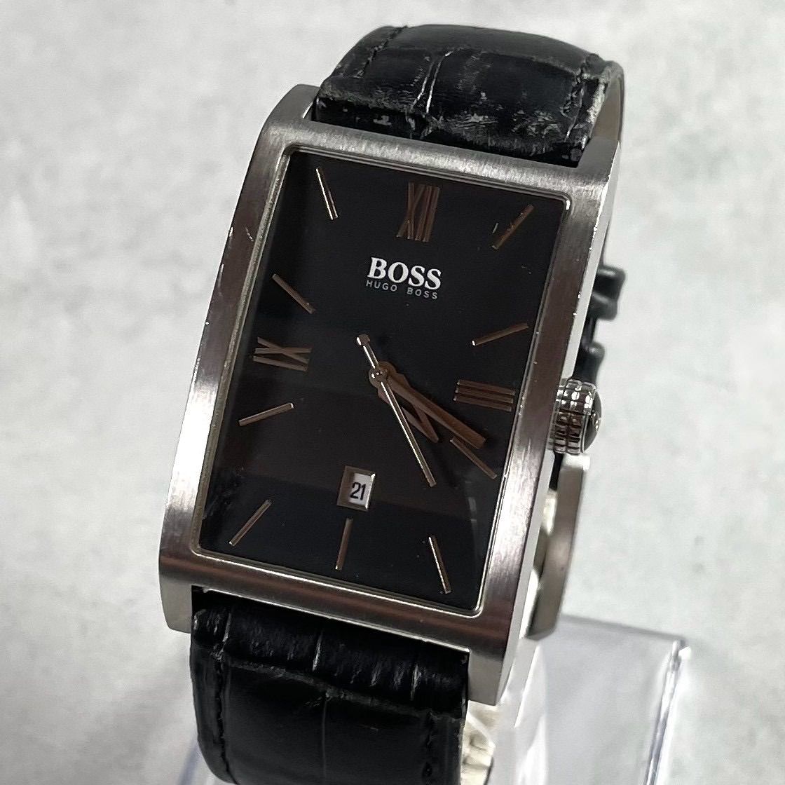 【電池新品/稼働品】HUGO BOSS ヒューゴボス レクタンギュラー 腕時計 黒文字盤 デイト