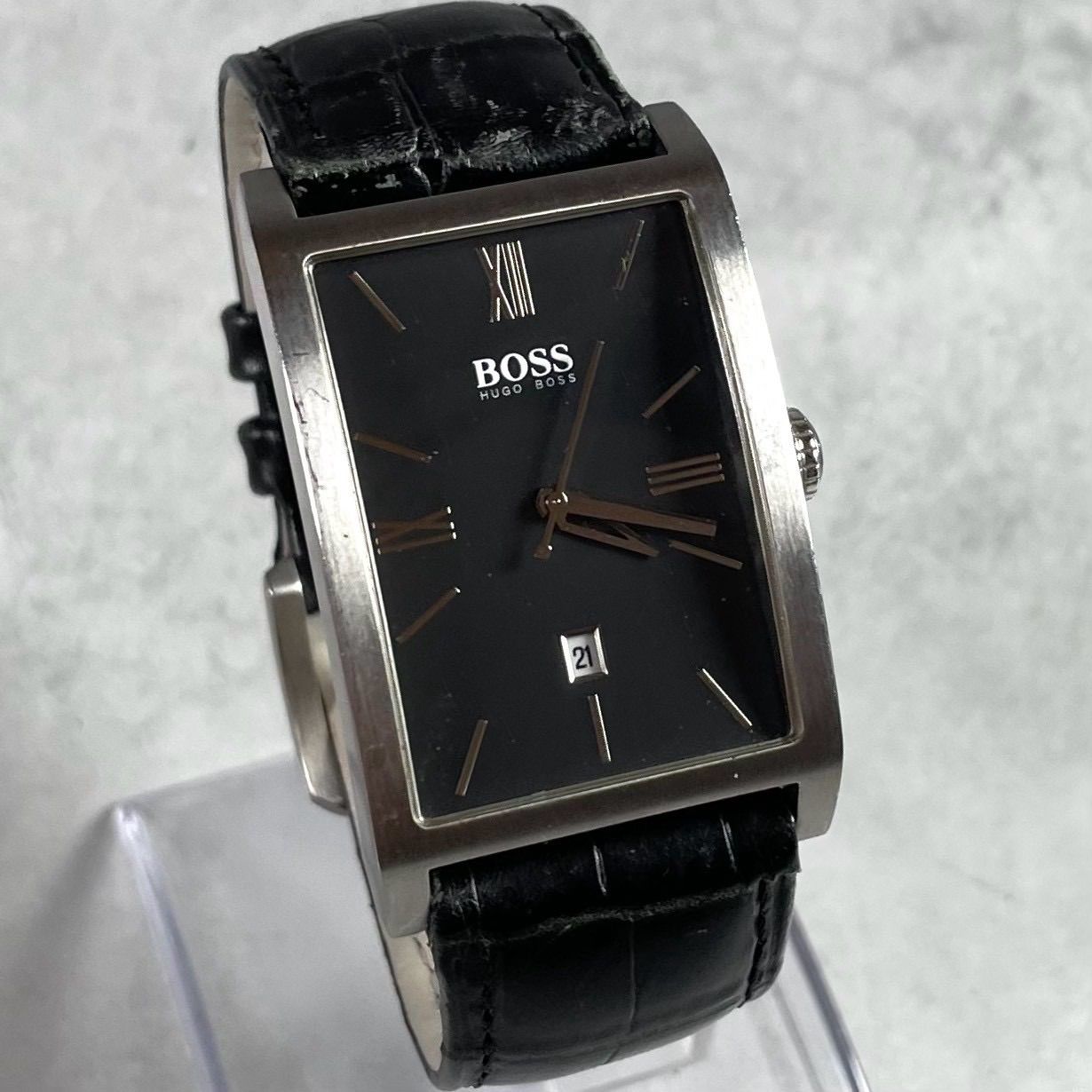 【電池新品/稼働品】HUGO BOSS ヒューゴボス レクタンギュラー 腕時計 黒文字盤 デイト