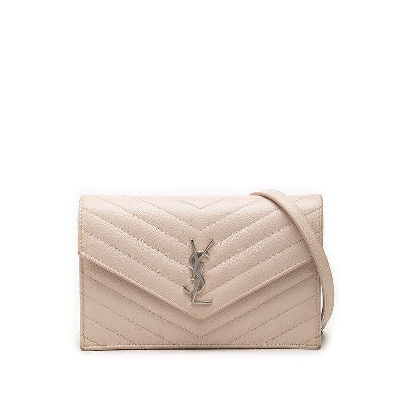 サンローラン カサンドラ YSLロゴ 斜め掛け チェーンウォレット ショルダーバッグ 393953 ベージュ レザー レディース SAINT LAURENT【1-0279599】