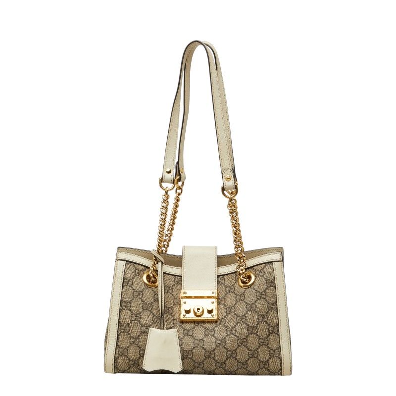 グッチ GGスプリーム パドロック チェーン ショルダーバッグ トートバッグ 498156 ベージュ アイボリー PVC レザー レディース GUCCI【1-0280054】
