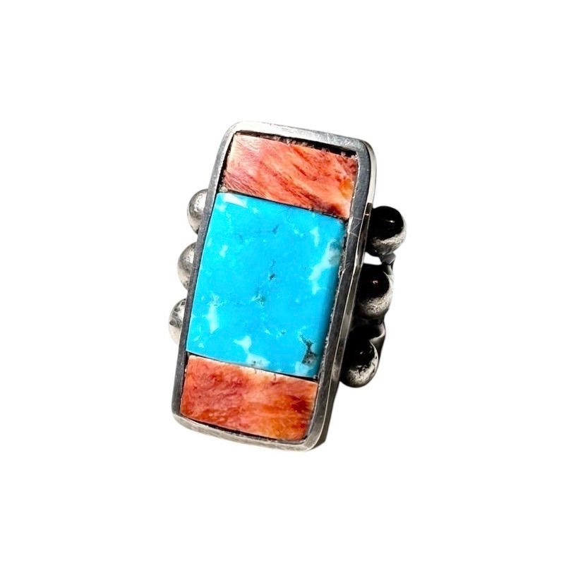 Anglo JOCK FAVOUR kingman turquoise × spiny oyster inlay ring