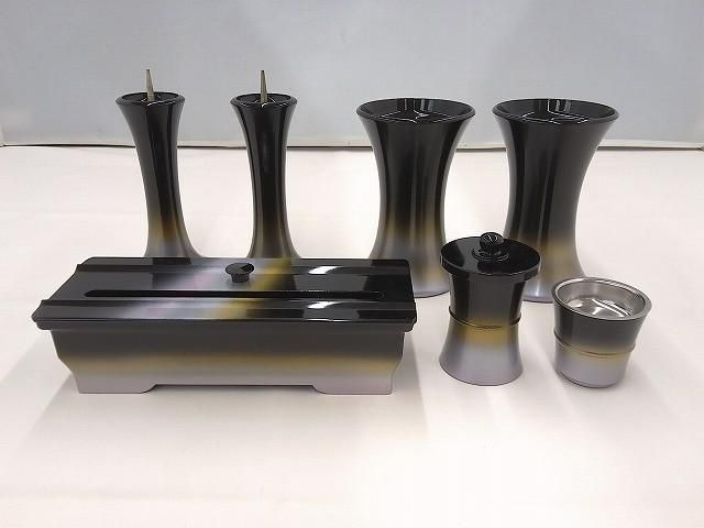 創価学会 花立/火立 灯立 ローソク立て/角香炉/仏器/茶器 7具足セット 4寸 黒 仏壇仏具