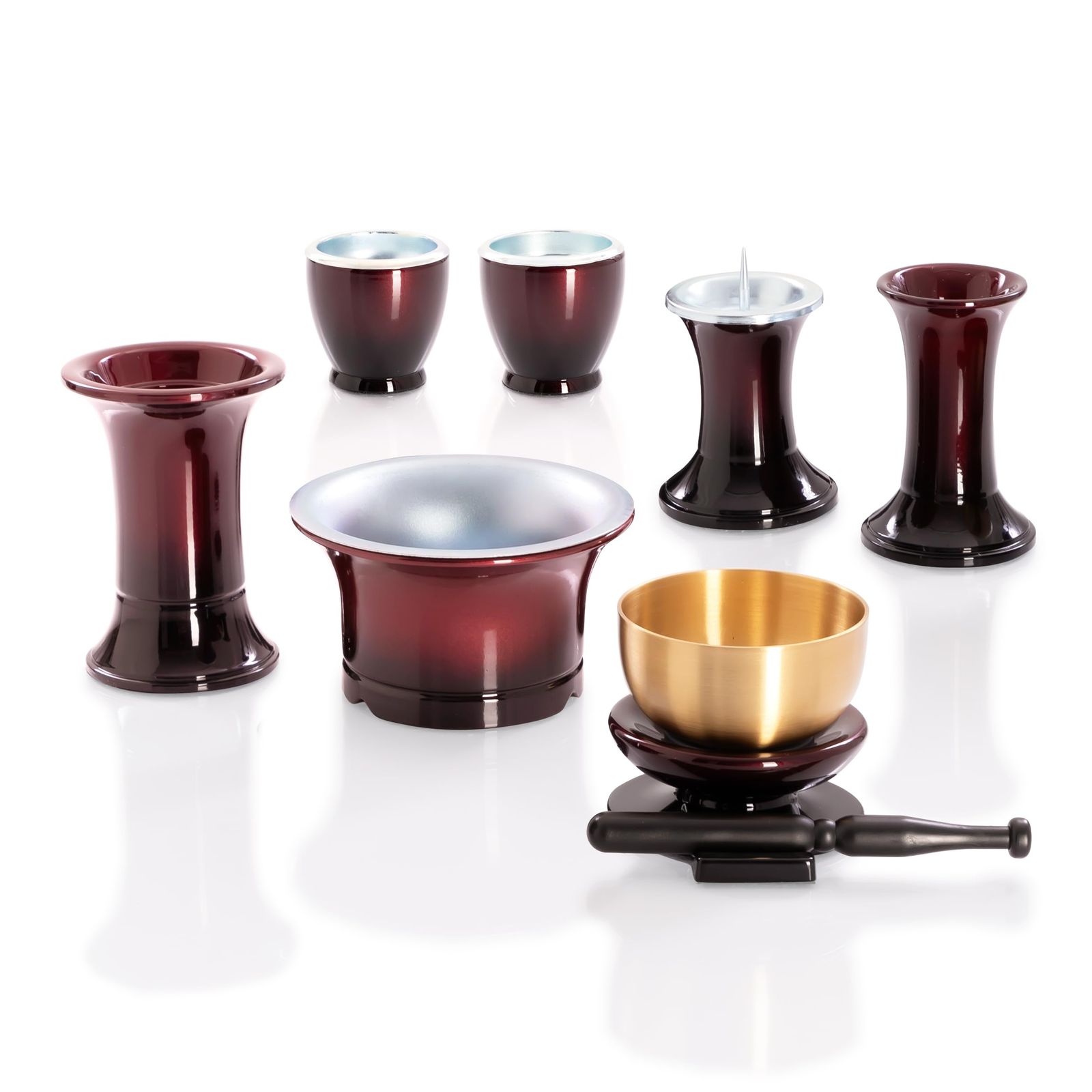 Tomoka 仏具 セット 仏具セット リンセット おりんセット おしゃれ ワイン レッド 湯茶器 仏飯器 花立 花瓶 香炉 灯立 線香差 仏具 セット ミニ 小 モダン【モダン仏具セット そよ風 ワイン＋専用リン 7点セット】