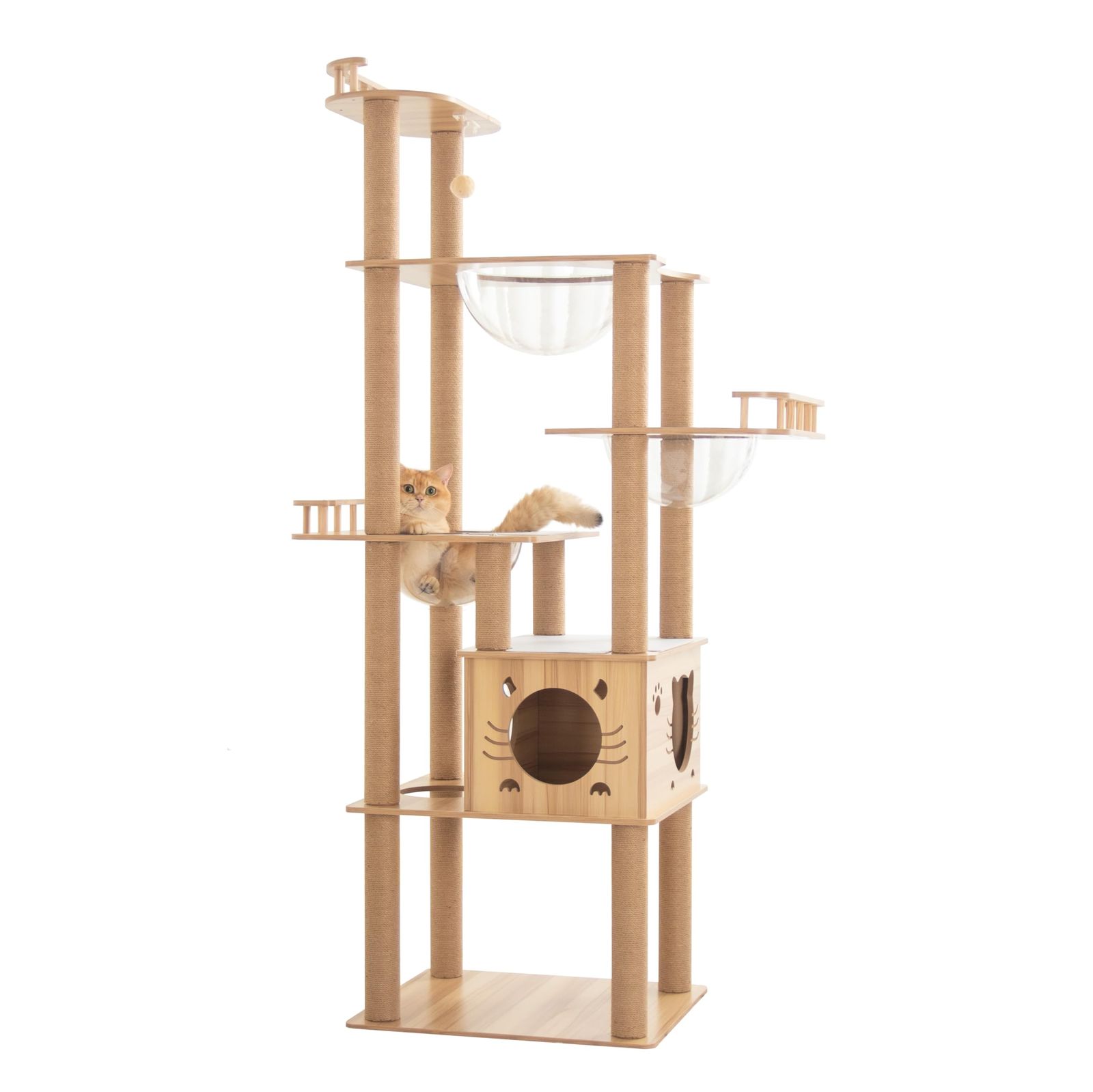 PETTIFUL キャットタワー 木製 据え置き 【怪我防止・縁張り】 大型 おしゃれ 高さ185cm 省スペース 多頭飼い 高級 シニア猫 成猫 インテリア性 木目調 重厚感 安定性強い スリム 猫タワー 宇宙船 大型猫 中型 猫 爪研ぎポール キャットツリ
