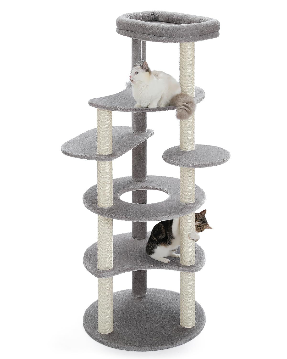 PETEPELA(ぺテぺラ) キャットタワー スリム 大型猫用 猫タワー 多頭飼い おしゃれ かわいい インテリア 据置 麻紐 爪とぎ おもちゃ コンパクト 省スペース 老猫用 短足猫 シニア猫 階段 登りやすい 人気 運動不足解消 倒れ防止策 - 高さ154