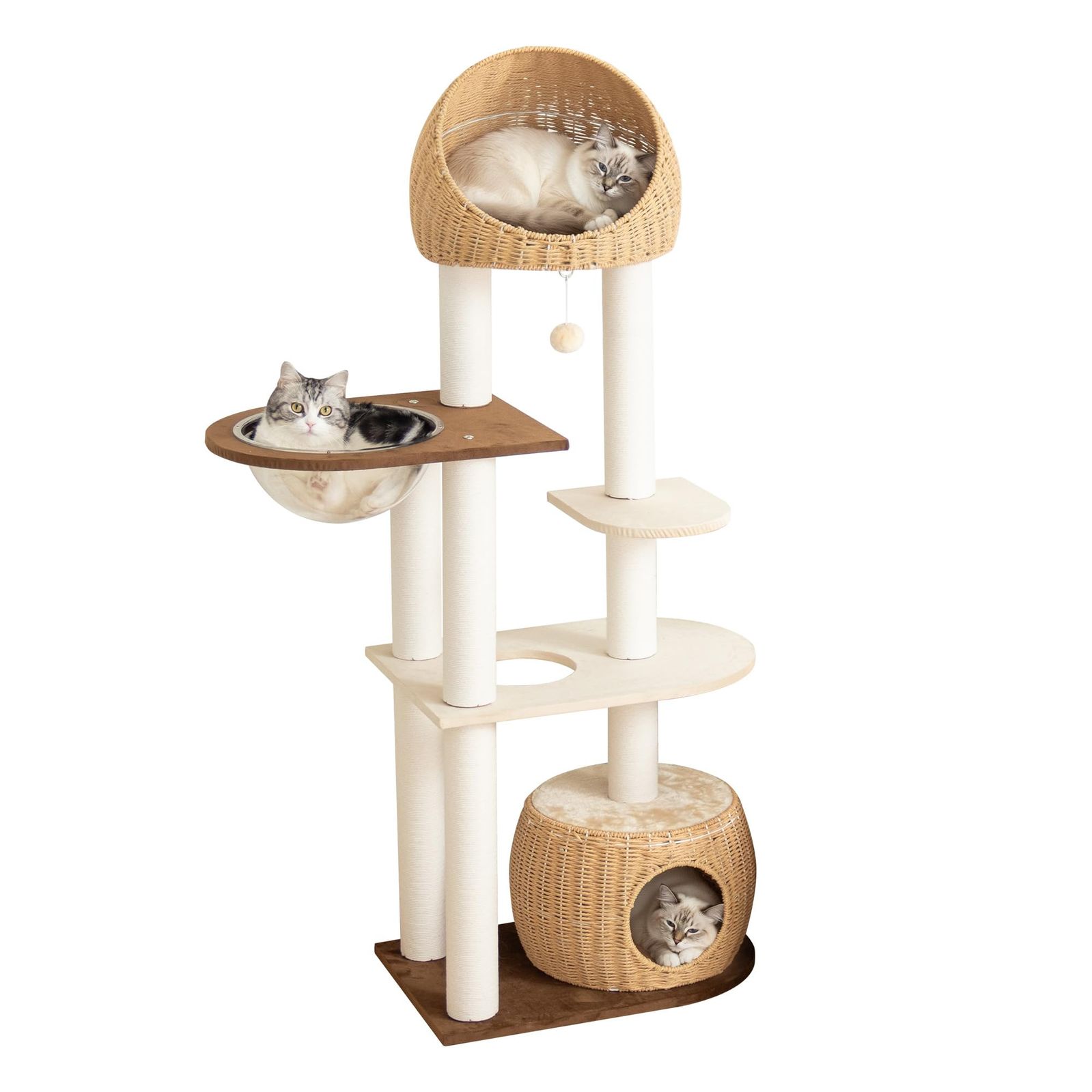 PETTIFUL キャットタワー 据え置き おしゃれ 大型猫 夏用ゴザ付き 涼しい 快適 スリム シニア猫 木製ボードにベルベット生地張り 手編みカゴ ラタン風 コンパクト 成猫 省スペース 上下しやすい インテリア性 多頭飼い スリム 夏冬兼用 クッション
