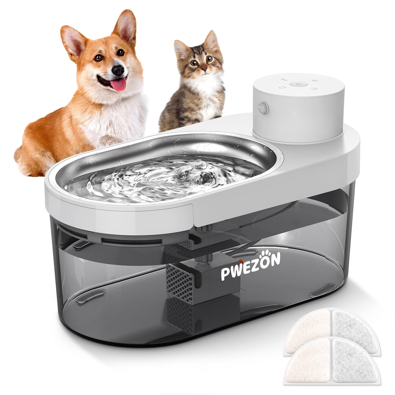 無線猫の水飲み器 電池式 Cormix 135oz 4L ペット水飲み機 3 作業モード モーション センサー付き 猫 犬 小型ペット用 ポンプ LED付き 内部ステンレス鋼 2つのフィルター PWEZON