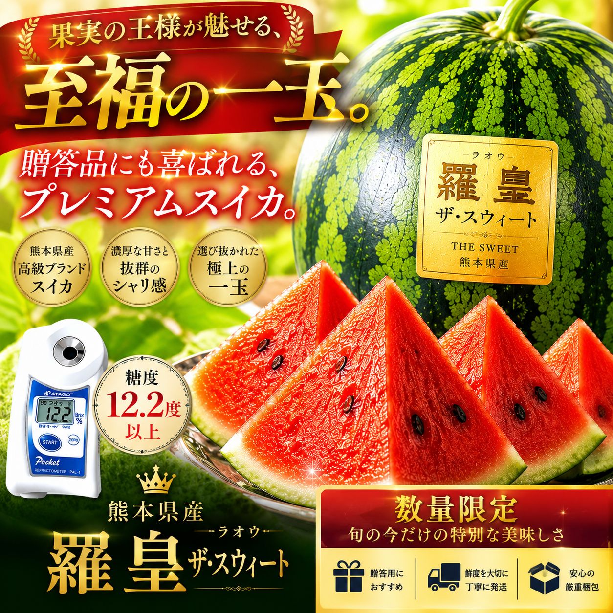 ２玉！！熊本県産 羅王ザ・スウィート プレミアムスイカ 熊本県産 羅王ザ・スウィート プレミアムスイカ 8-10kg - メルカリ