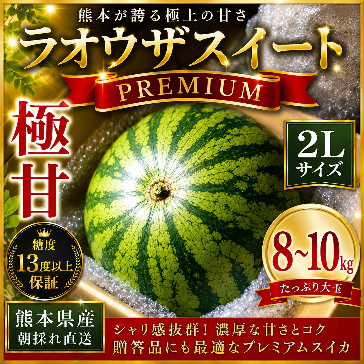 即発送　大玉2個セット　熊本県産 羅王ザ・スウィート プレミアムスイカ 熊本県産 羅王ザ・スウィート プレミアムスイカ 8-10kg - メルカリ