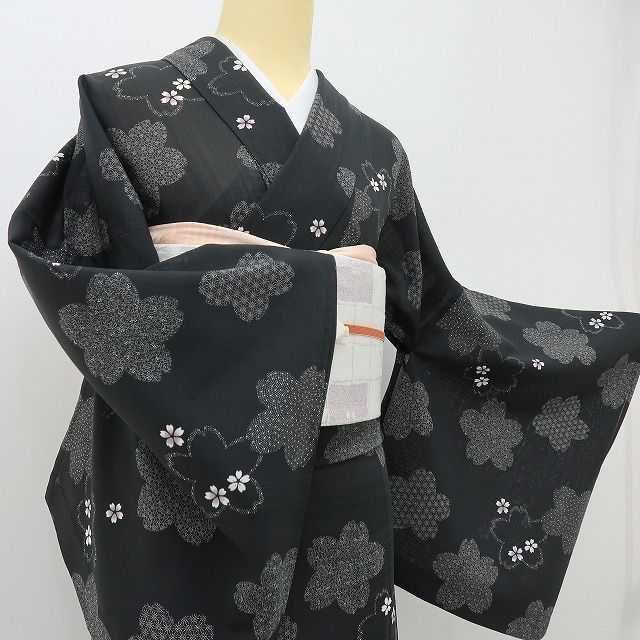 六花-RIKKA- 美品 洗える夏着物 桜 トールサイズ 紗❀透ける黒、香る粋