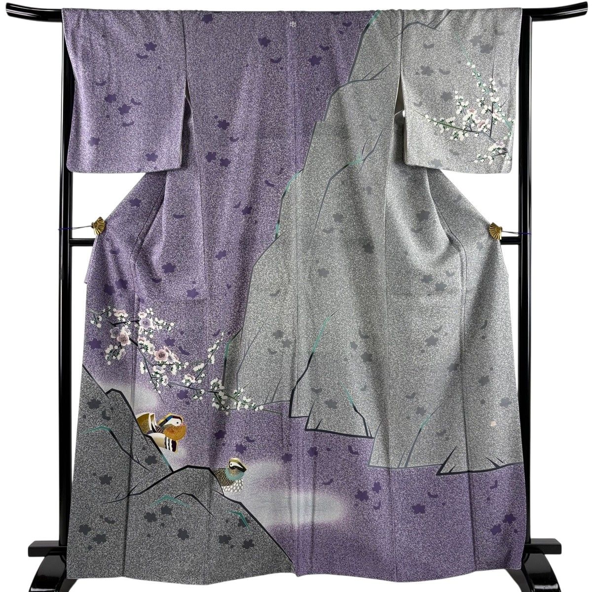 【美品】 訪問着 身丈167cm 裄丈66cm M 袷 TOKIO et TOKI 落款 鴛鴦 枝梅 金銀彩 ぼかし 紫 正絹 逸品 一つ紋 【中古】