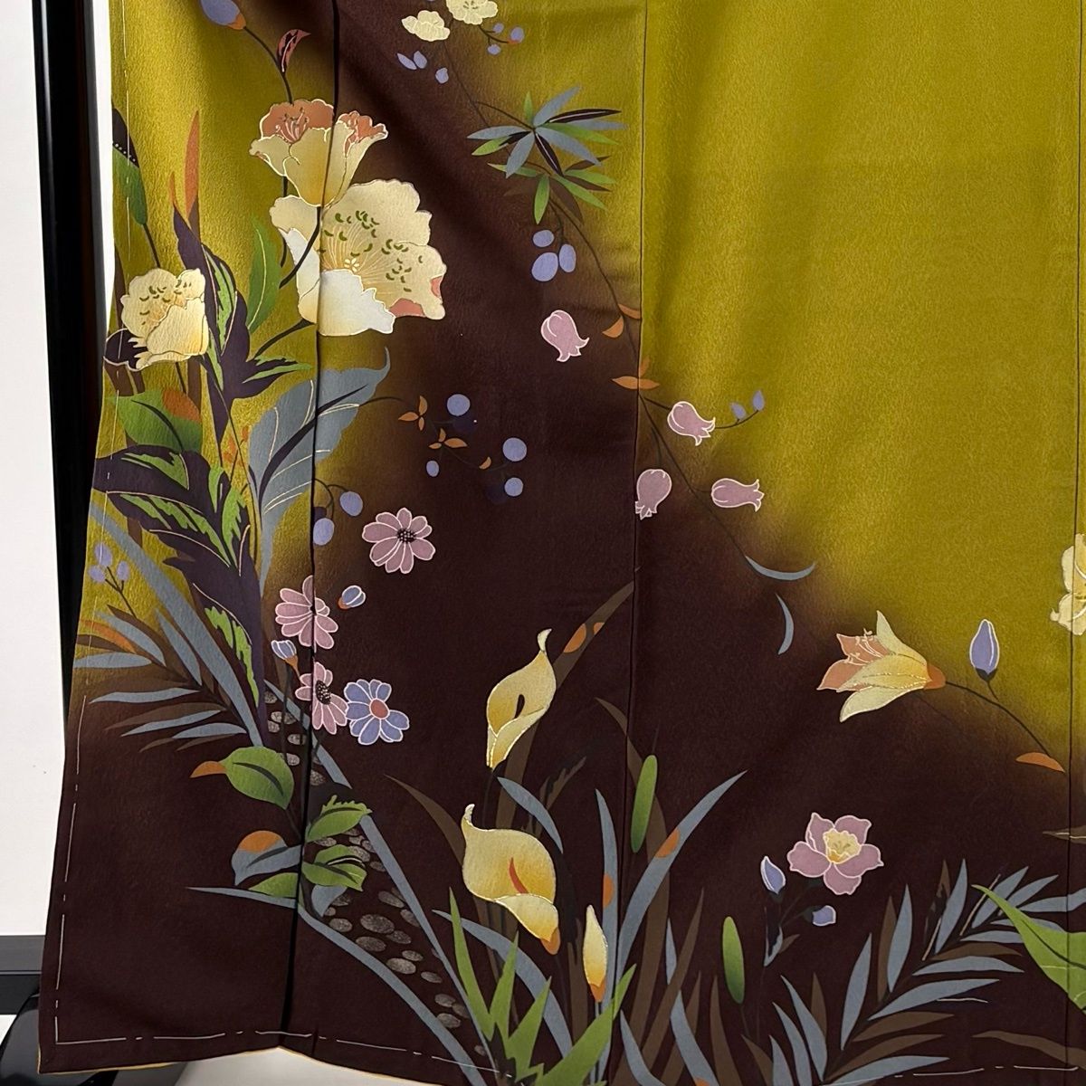 訪問着 身丈167cm 裄丈67cm M 袷 草花 金彩 染め分け 茶紫 正絹 秀品