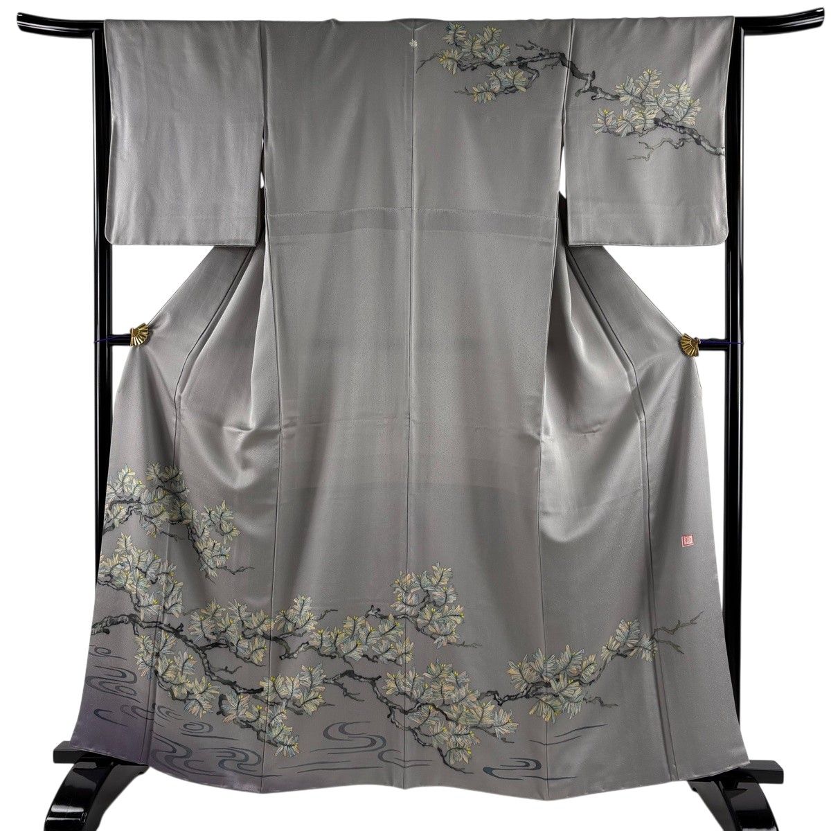 訪問着 身丈161.5cm 裄丈64.5cm M 袷 落款 若松 流水 染め分け ぼかし 灰色 正絹 秀品 一つ紋 【中古】