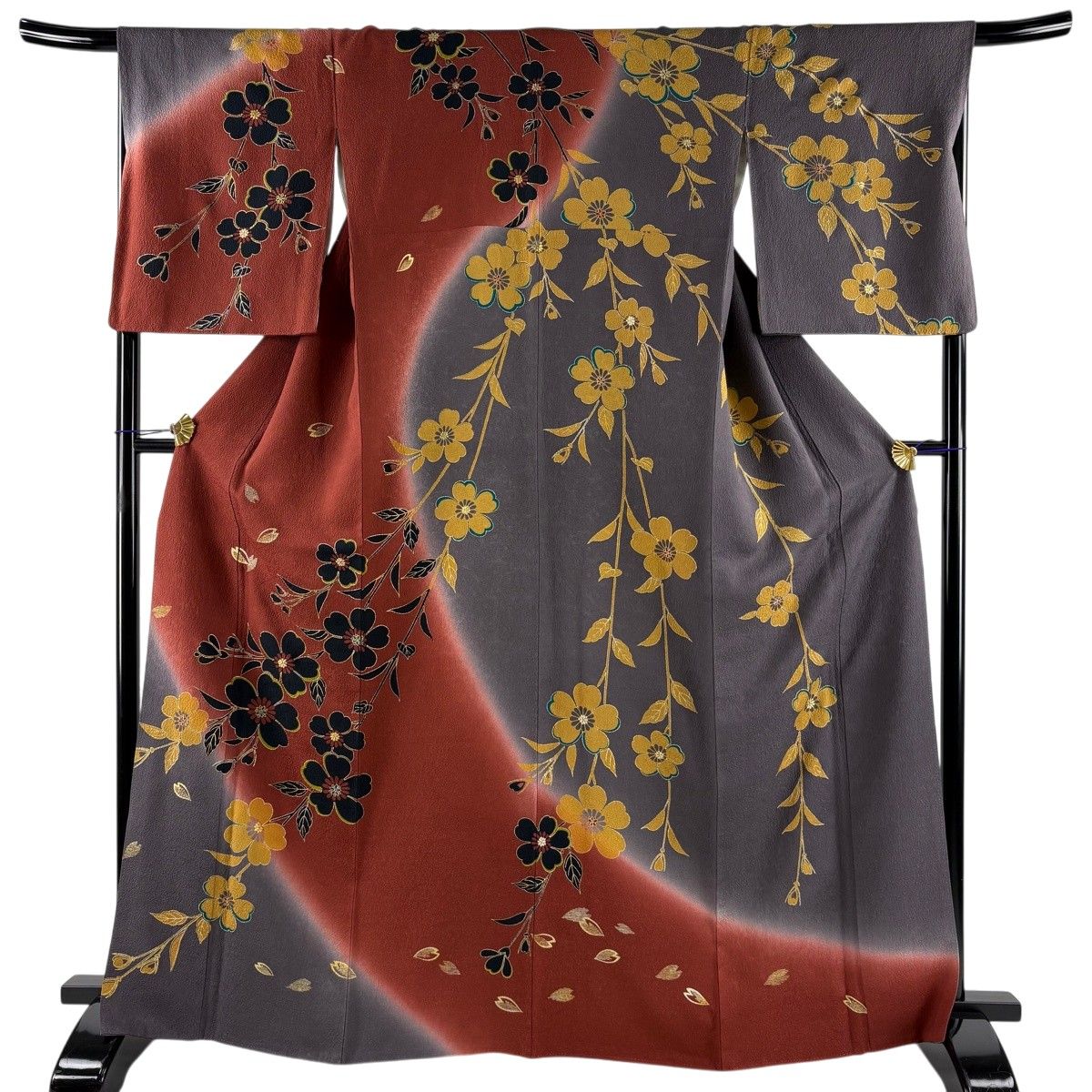 訪問着 身丈166cm 裄丈68cm L 袷 桜 花びら 金彩 ぼかし 赤茶 正絹 秀品 【中古】