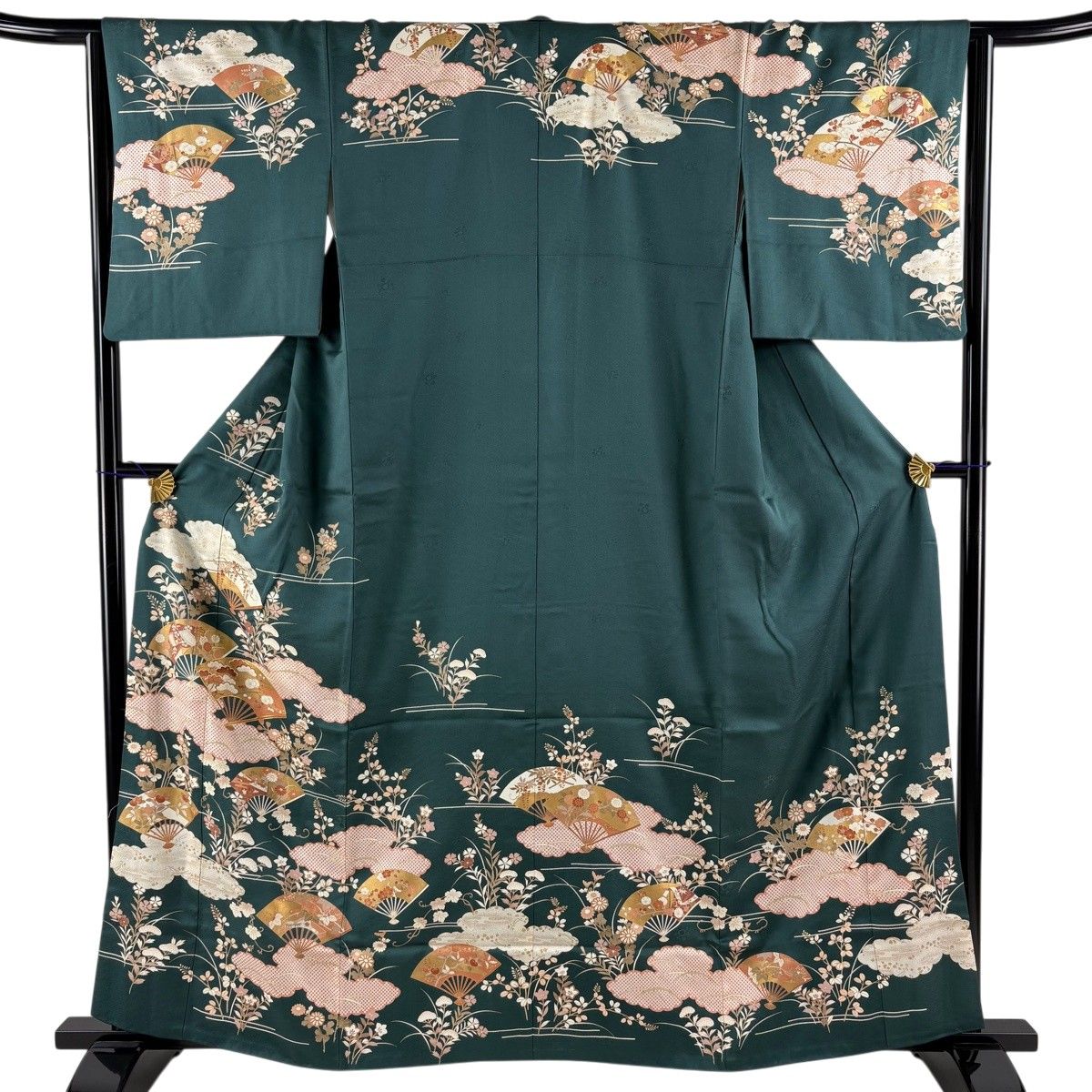 訪問着 身丈160.5cm 裄丈63.5cm S 袷 扇 雲文 金彩 金糸 緑 正絹 秀品 【中古】