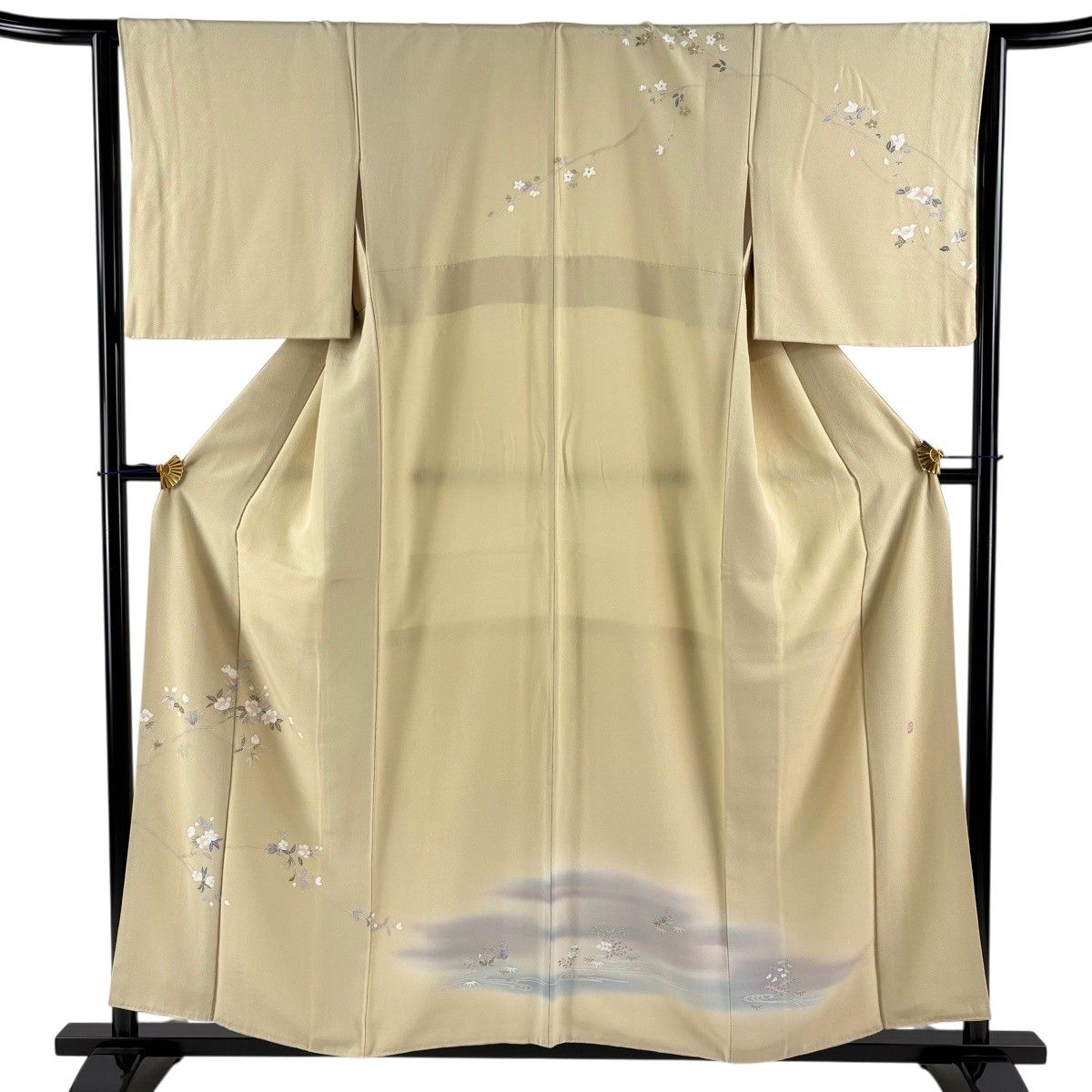 訪問着 身丈156.5cm 裄丈64cm M 袷 落款 枝花 流水 ぼかし ベージュ 正絹 秀品 【中古】