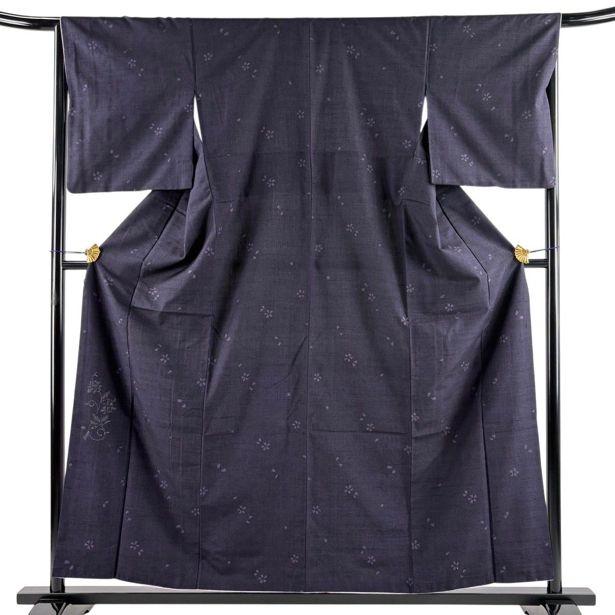 【美品】 付下げ 身丈158.5cm 裄丈66cm M 袷 奥順 結城紬地 やまと 証紙 花唐草 亀甲絣 濃紺 正絹 逸品 【中古】