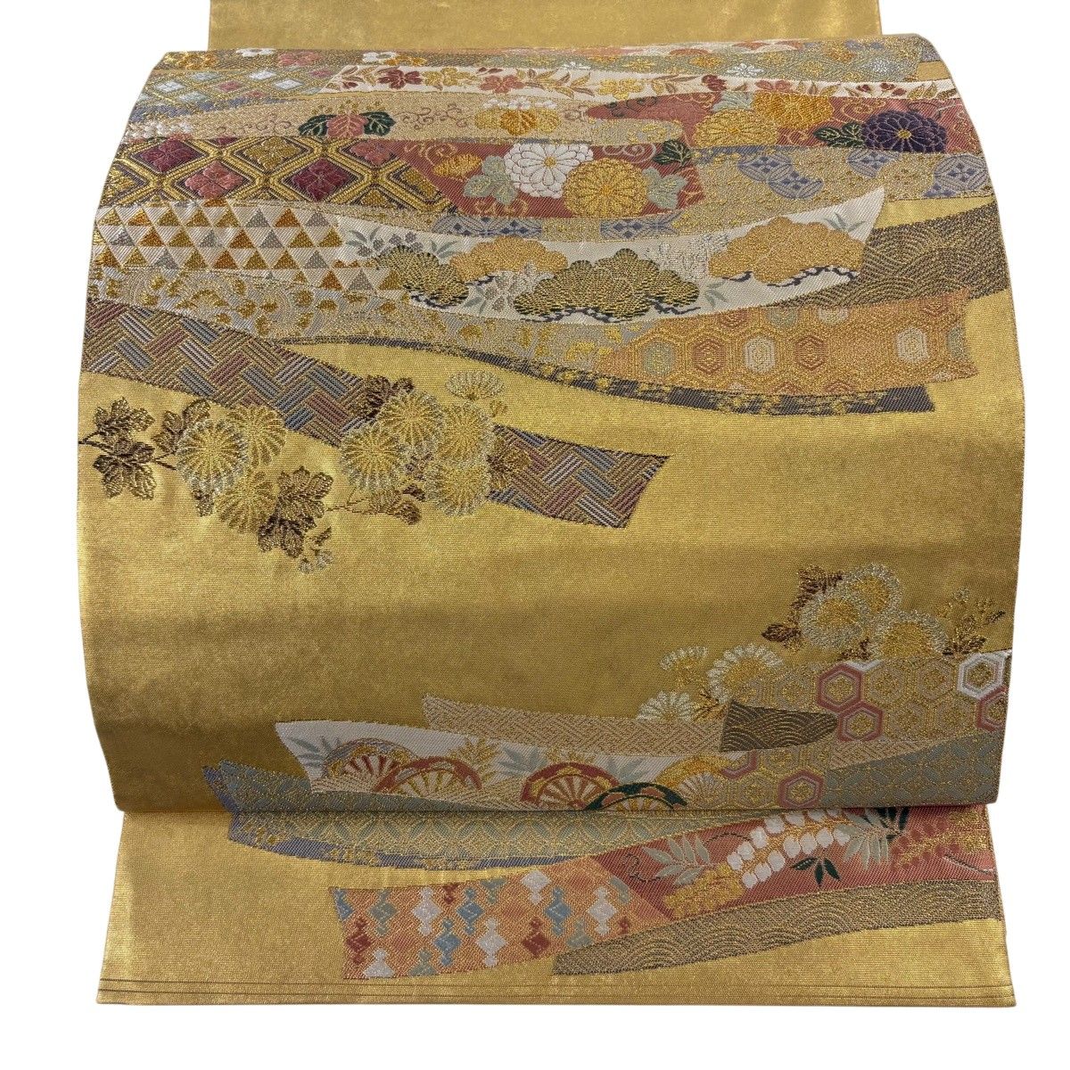 【美品】 袋帯 名品 長嶋成織物 落款 関西仕立て 菊 松竹梅 金銀糸 箔 金色 お太鼓柄 正絹 【中古】