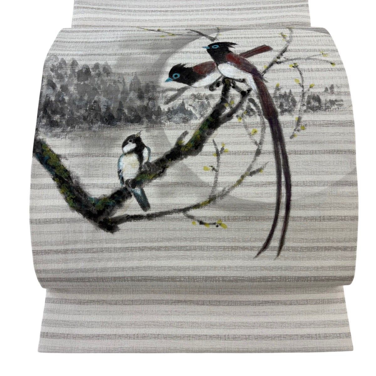 袋帯 名品 落款 ますいわ屋 手先二通り 鳥 枝花 灰白 お太鼓柄 正絹 【中古】