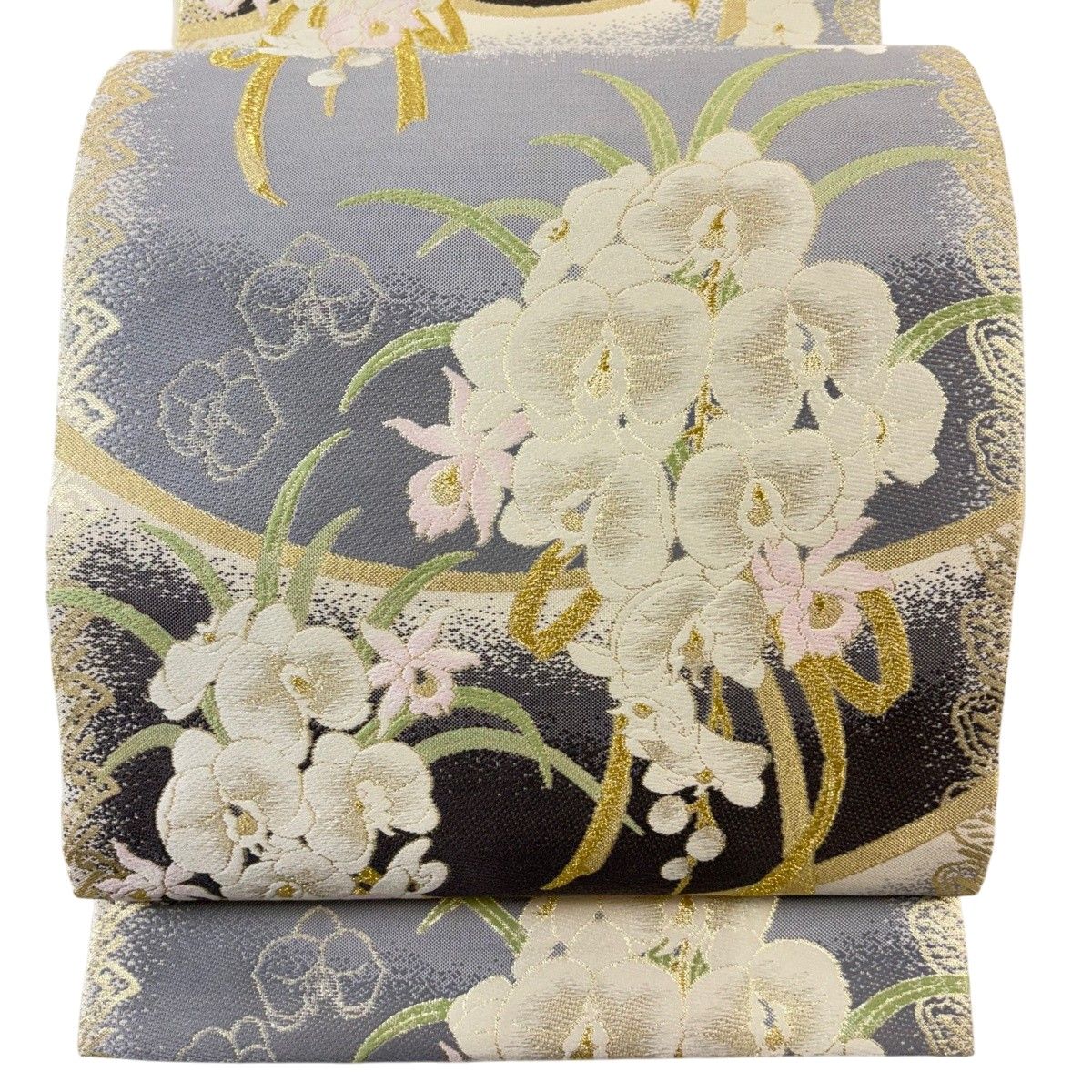 【美品】 袋帯 名品 リバーシブル 胡蝶蘭 金銀糸 箔 灰色 六通 正絹 【中古】