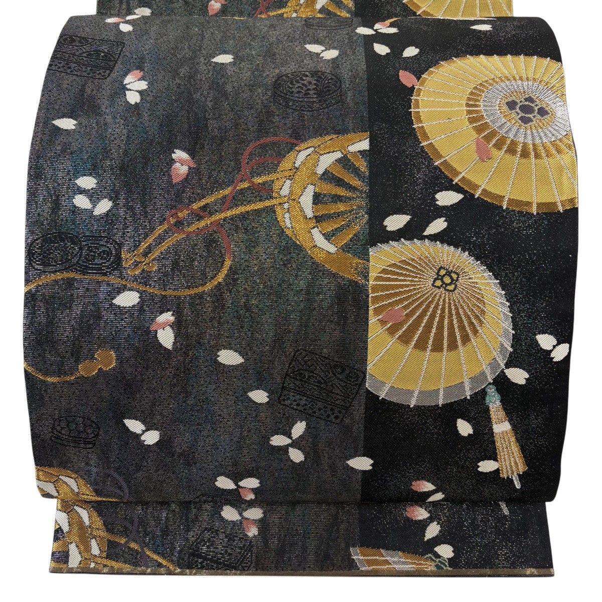 【美品】 袋帯 名品 番傘 手押し車 金銀糸 黒 六通 正絹 【中古】