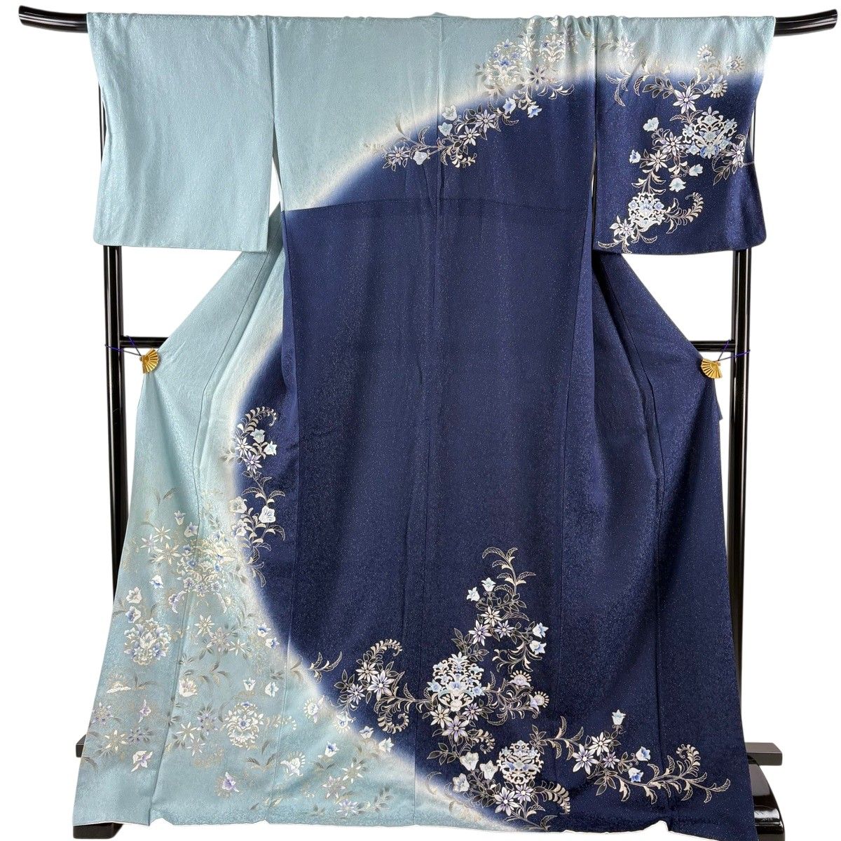 訪問着 身丈173cm 裄丈72cm L 袷 草花 銀通し 金彩 水色 正絹 名品 【中古】