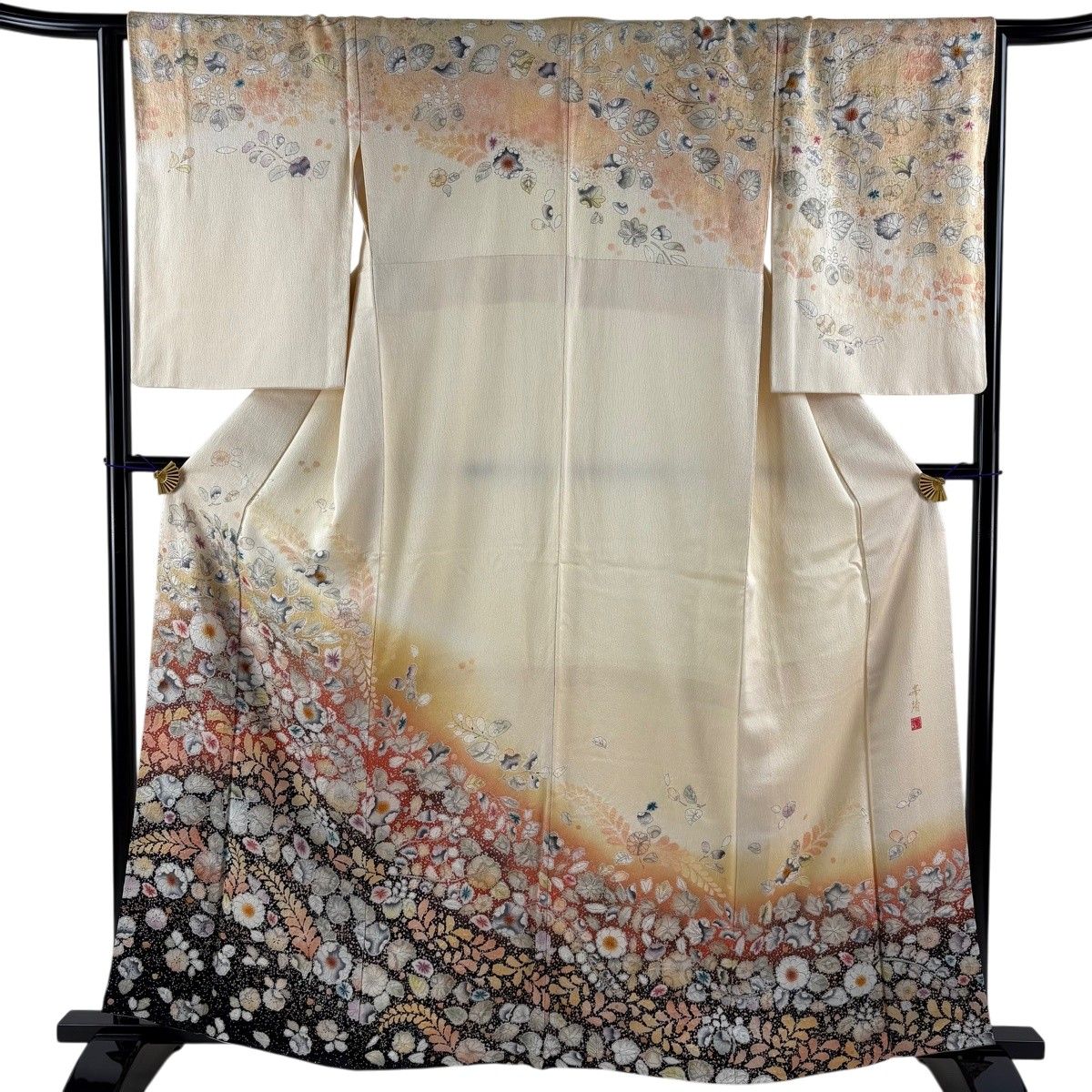 訪問着 身丈161.5cm 裄丈64.5cm M 袷 落款 辻が花 染め分け ぼかし 薄オレンジ 正絹 名品 【中古】 12,460円