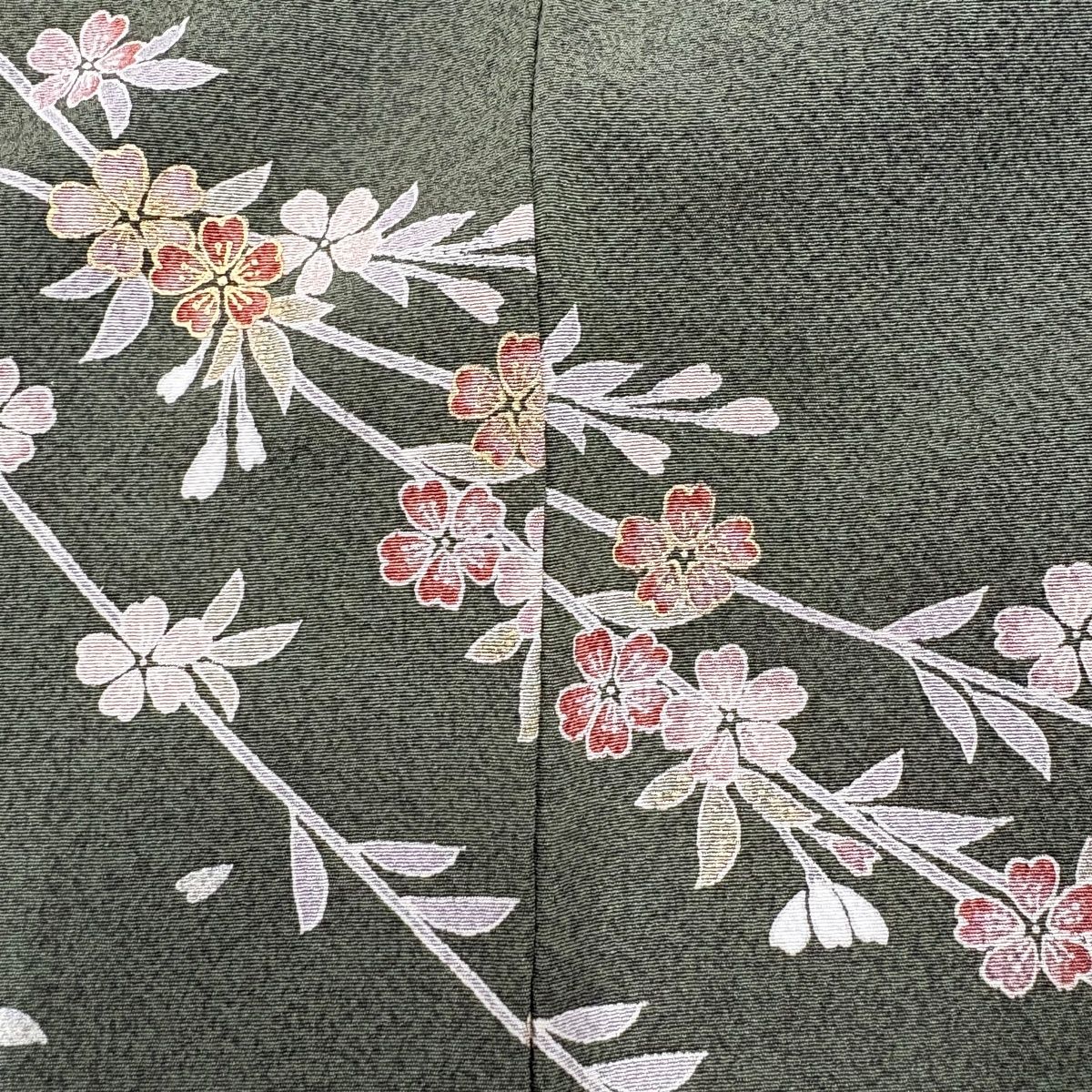 訪問着 名品 紬地 一つ紋 枝垂れ桜 刺繍 金糸 ピンク 袷 身丈156.5cm