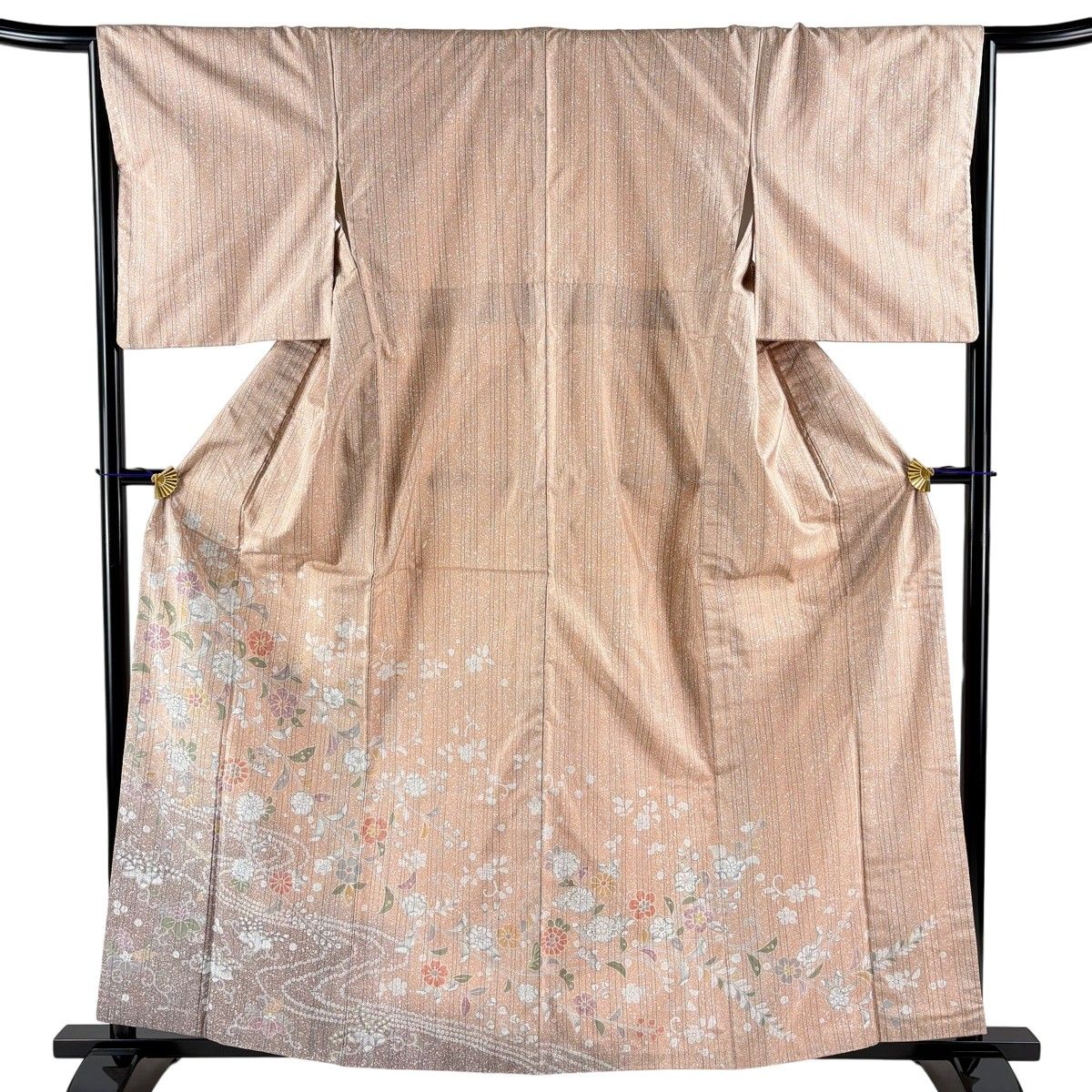 【美品】 付下げ 身丈160cm 裄丈65.5cm M 袷 紬地 辻が花柄 流水 染め分け ぼかし 薄オレンジ 正絹 秀品 【中古】