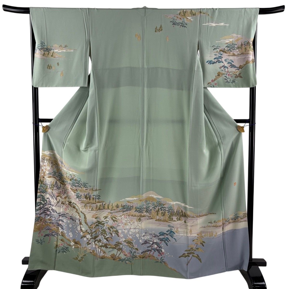 訪問着 身丈165cm 裄丈67.5cm L 袷 落款 風景 松梅 染め分け ぼかし 薄緑 正絹 名品 【中古】