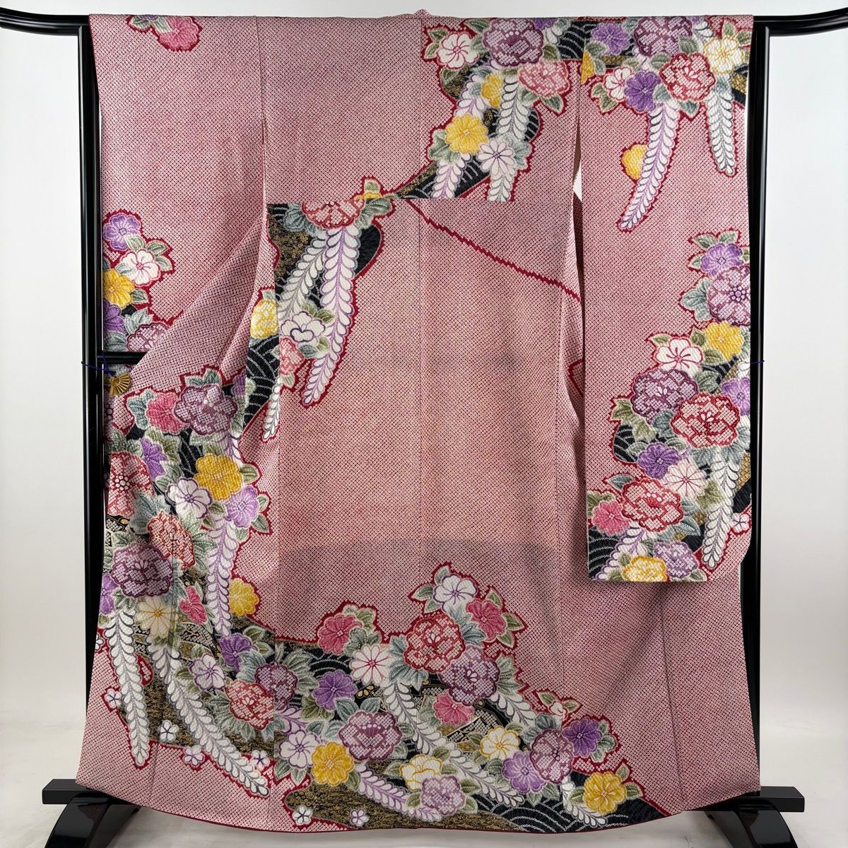 美品】 振袖 身丈162.5cm 裄丈64cm M 袷 袋帯フルセット 牡丹 桜 金糸