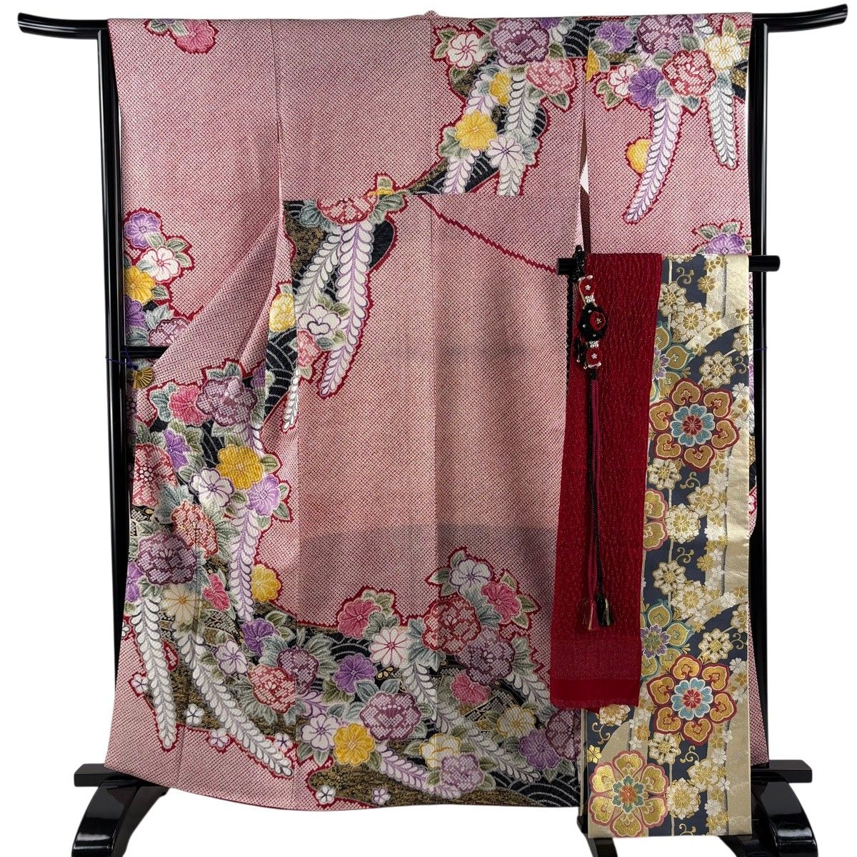 美品】 振袖 身丈162.5cm 裄丈64cm M 袷 袋帯フルセット 牡丹 桜 金糸