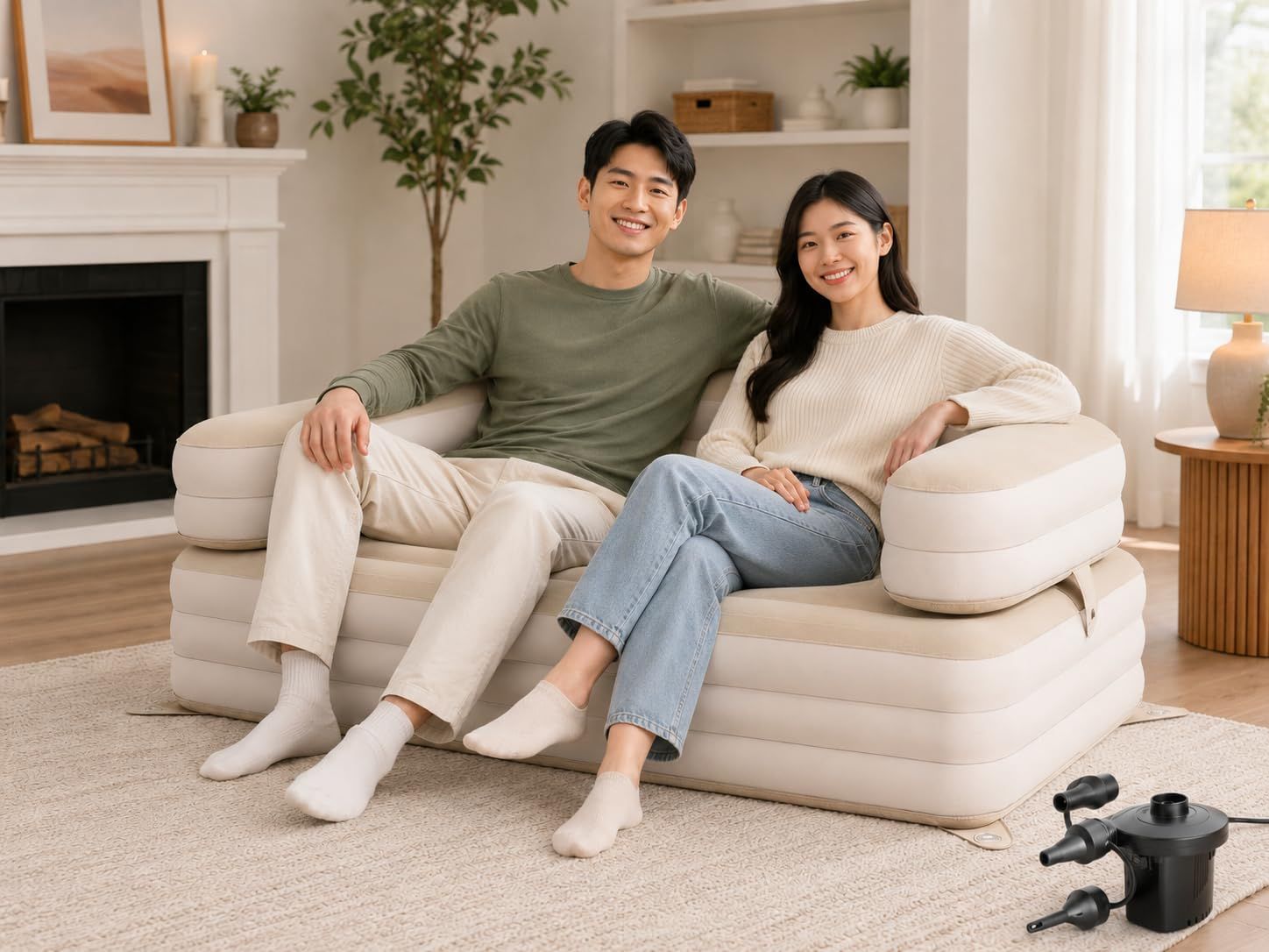 エアーソファー 1?2人用 ソファーベッド仕様 約180×95×68cm 充電式ポンプ内蔵 ワンタッチ空気入れ 約180秒で空気入れ 空気抜き簡単 起毛仕上げ やわらかな肌触り リビング 寝室 来客用 ベージュpms cf5f8557
