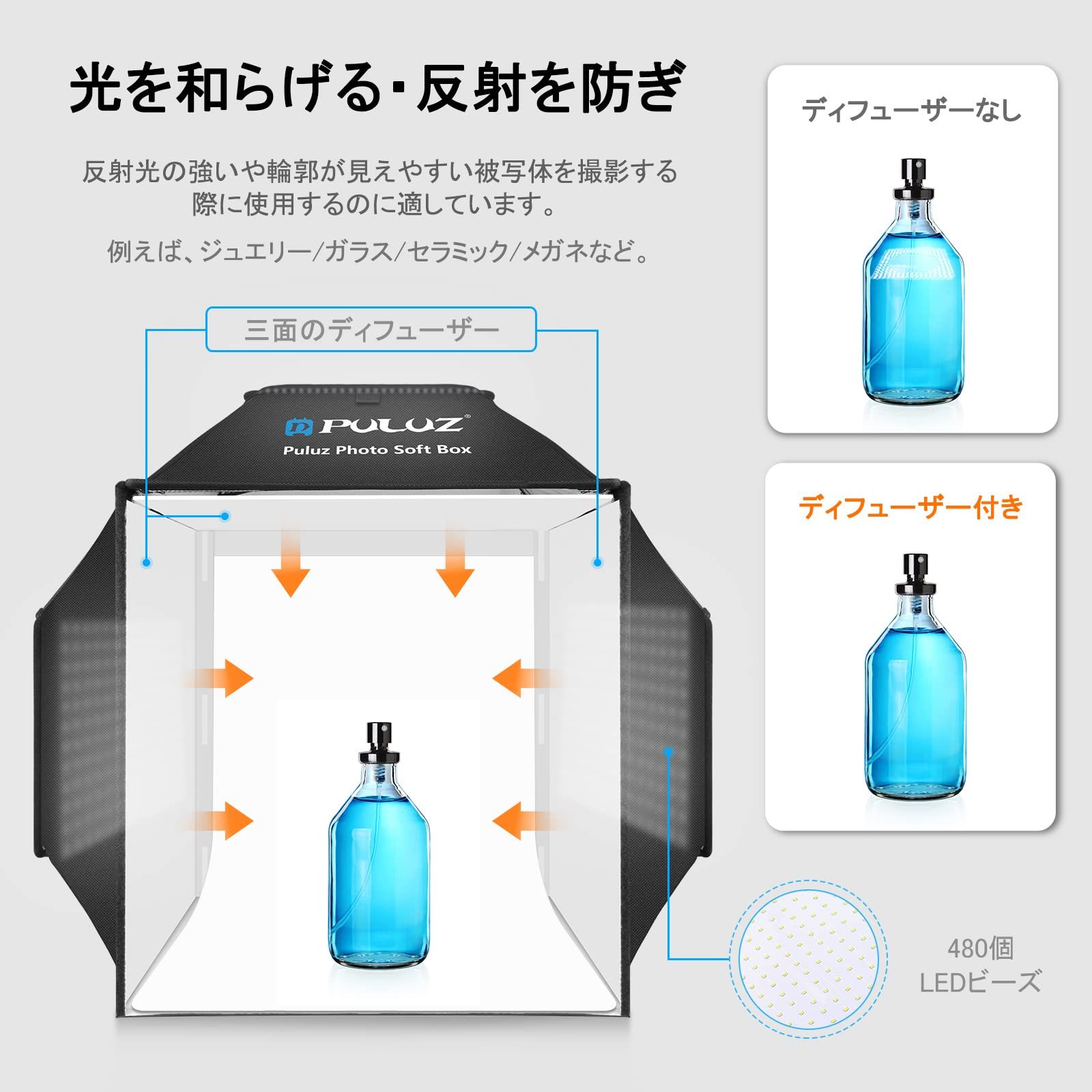 PULUZ 40cm 撮影ボックス 折りたたみ式撮影ブース 480個LED 4色PVC背景