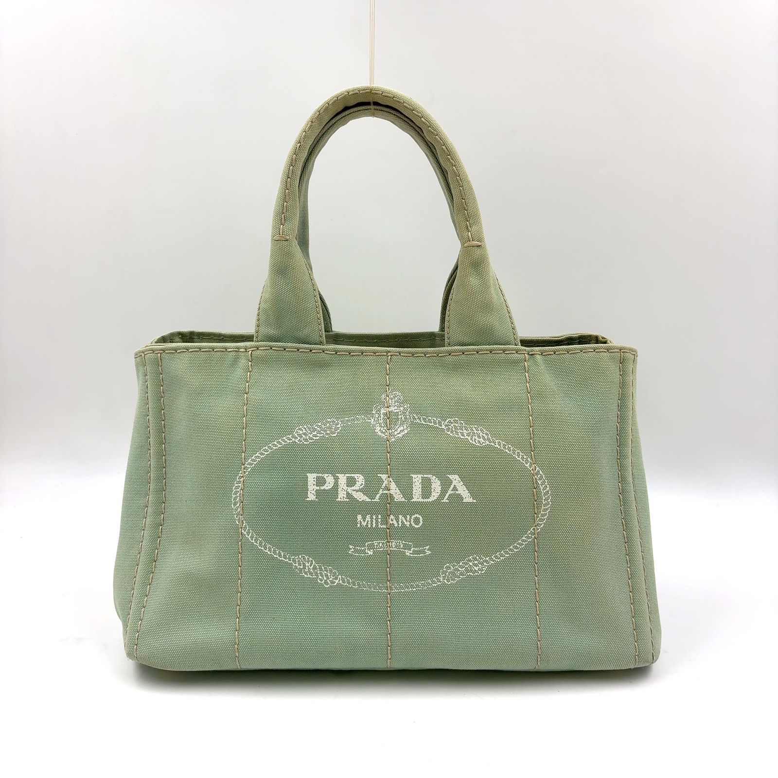 新着】PRADA カナパ キャンバス ライトグリーン トートバッグ ゴールド