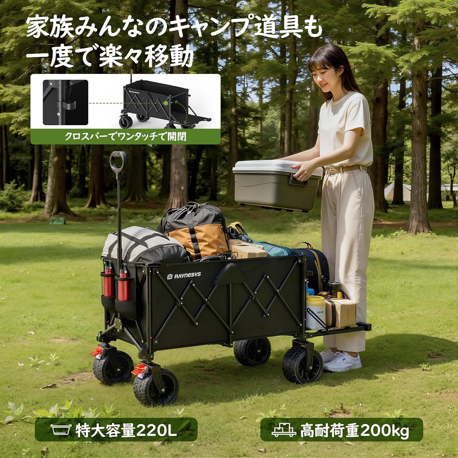 Raynesys キャリーワゴン 大容量150L~220L 耐荷重200kg 後部展開可